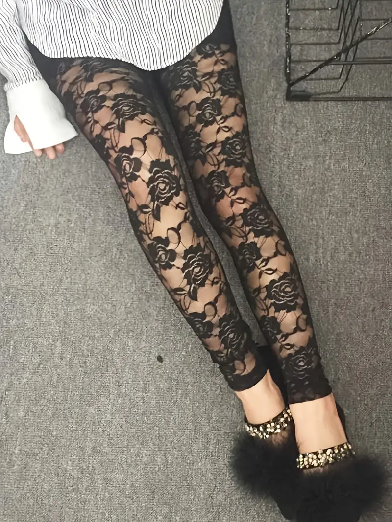 Sexy Mesh Rose Lace See-through Leggings, Casual High Waist Fashion Bottoms  Slim Leggings, Women's Clothing