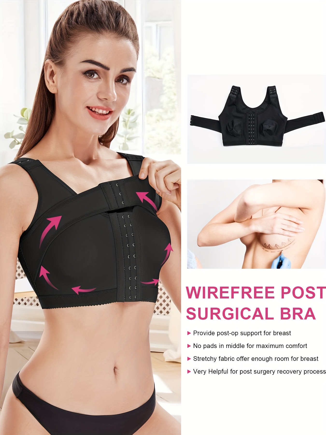 Women's Zip Front Sports Bra Wireless Post-Surgery Bra Surgical