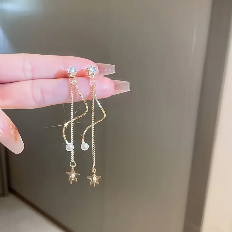 womens zircon faux pearl star tassel earrings jewelry gift details 0