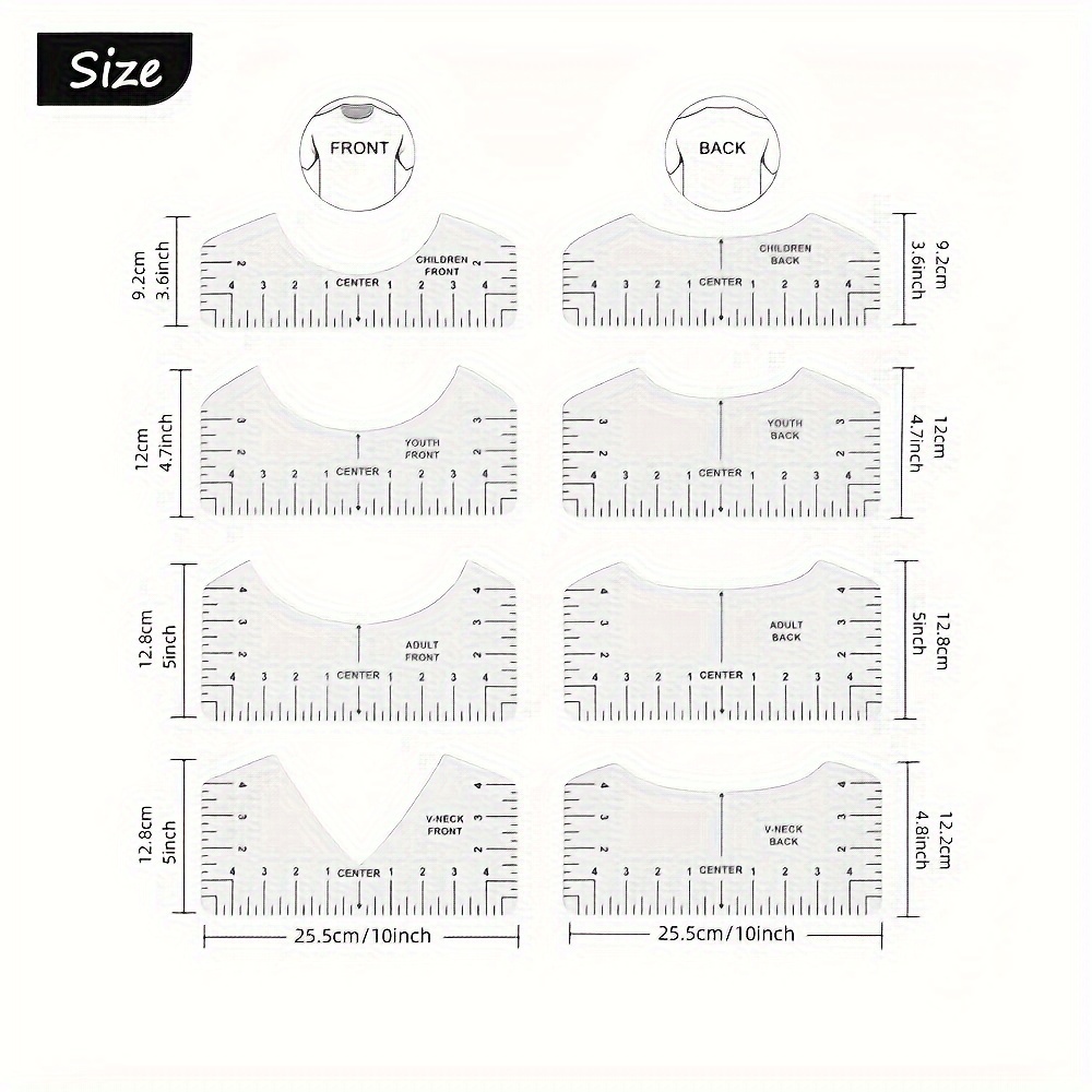 12pcs Tshirt-ruler Guide For Vinyl Alignment, Tshirt-ruler For Heat Press,  Tshirt-rulers To Center Vinyl, Transparent V-neck/round Pvc Ruler For Child
