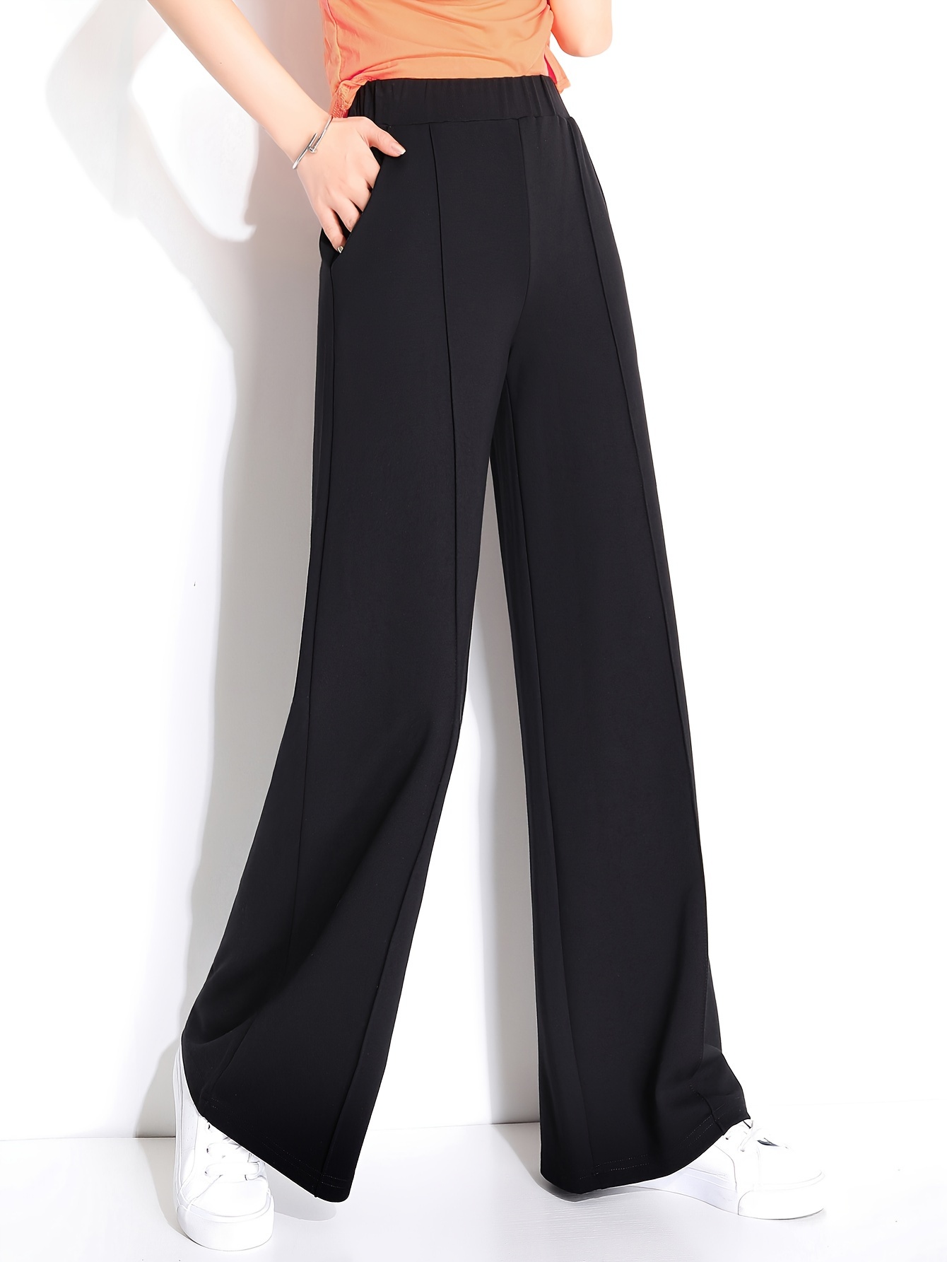 Casual Straight Leg Sweatpants, Stretch Elastic Waist Wide Leg Pants,  Comfortable Loose Jogging Pants With Pockets For Women