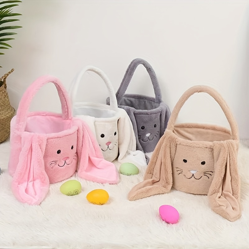 1pc easter plush long bunny ear basket with handle soft plush candy toys storage bucket cartoon cute easter bunny bucket easter eggs hunting handbag easter party celebrate decorations easter gift decoration