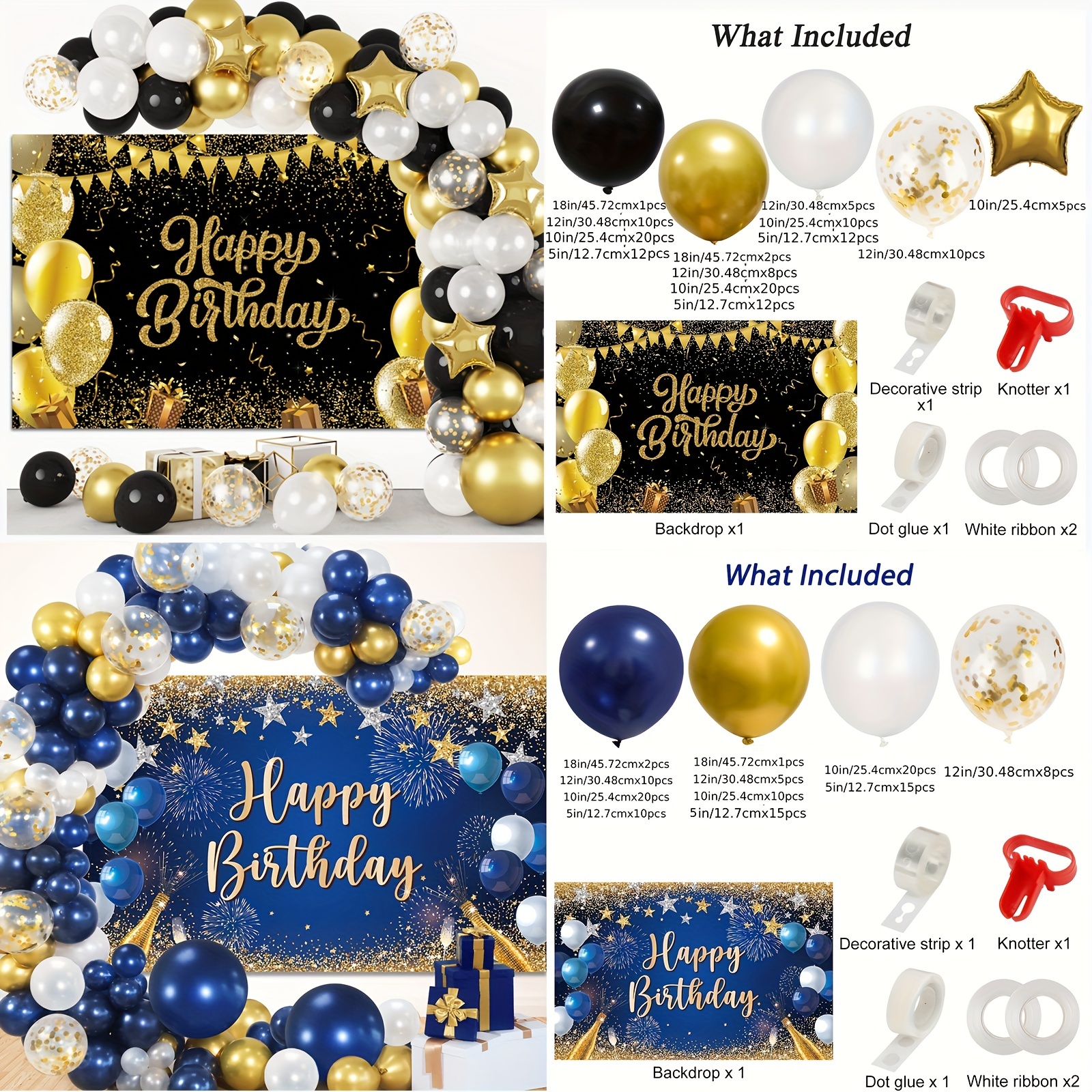 Blue Golden Happy Birthday Backdrop Balloons Photography Party Supplies  Decor