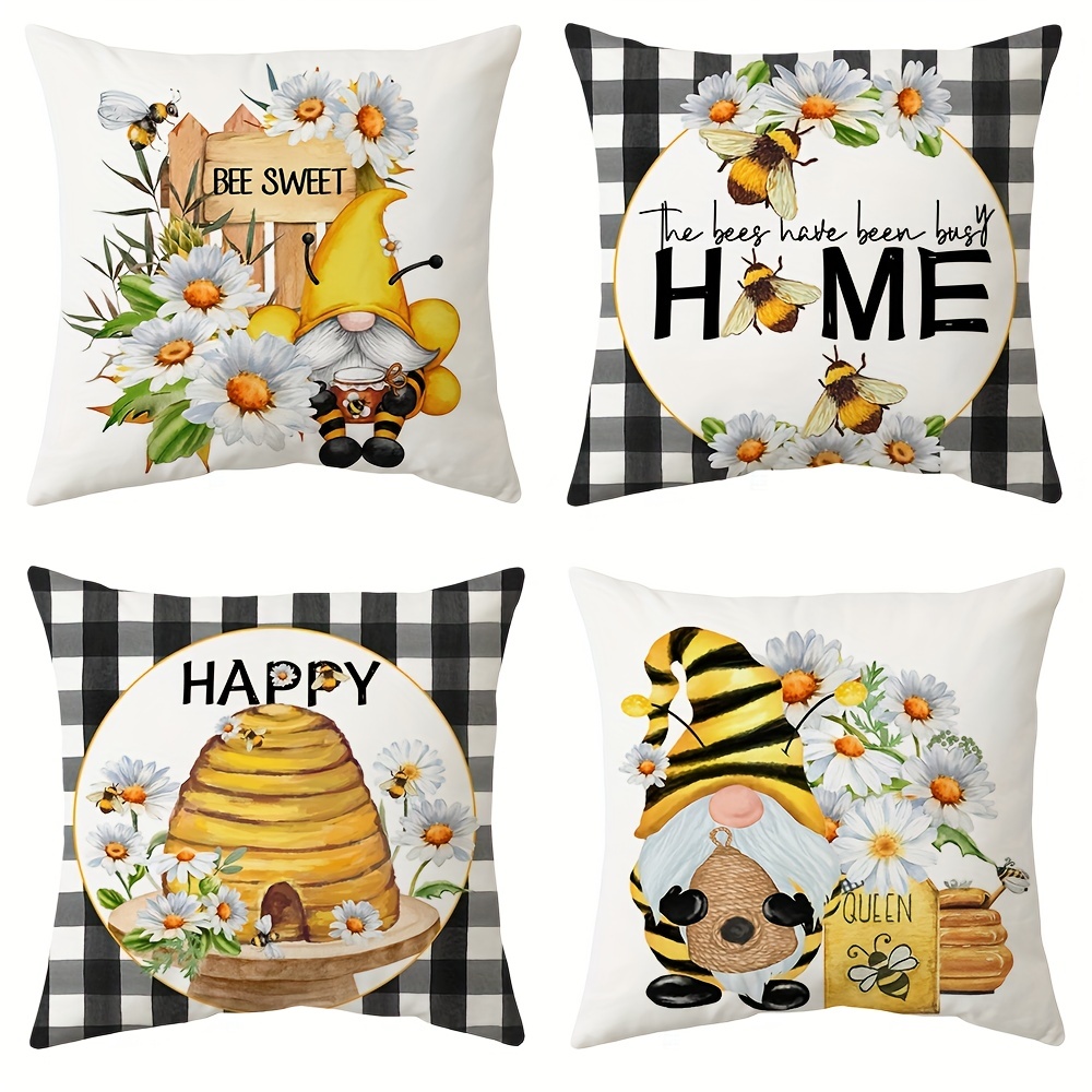 Farmhouse Throw Pillow 18x18 Embroidered Bee Honey Creme Yellow