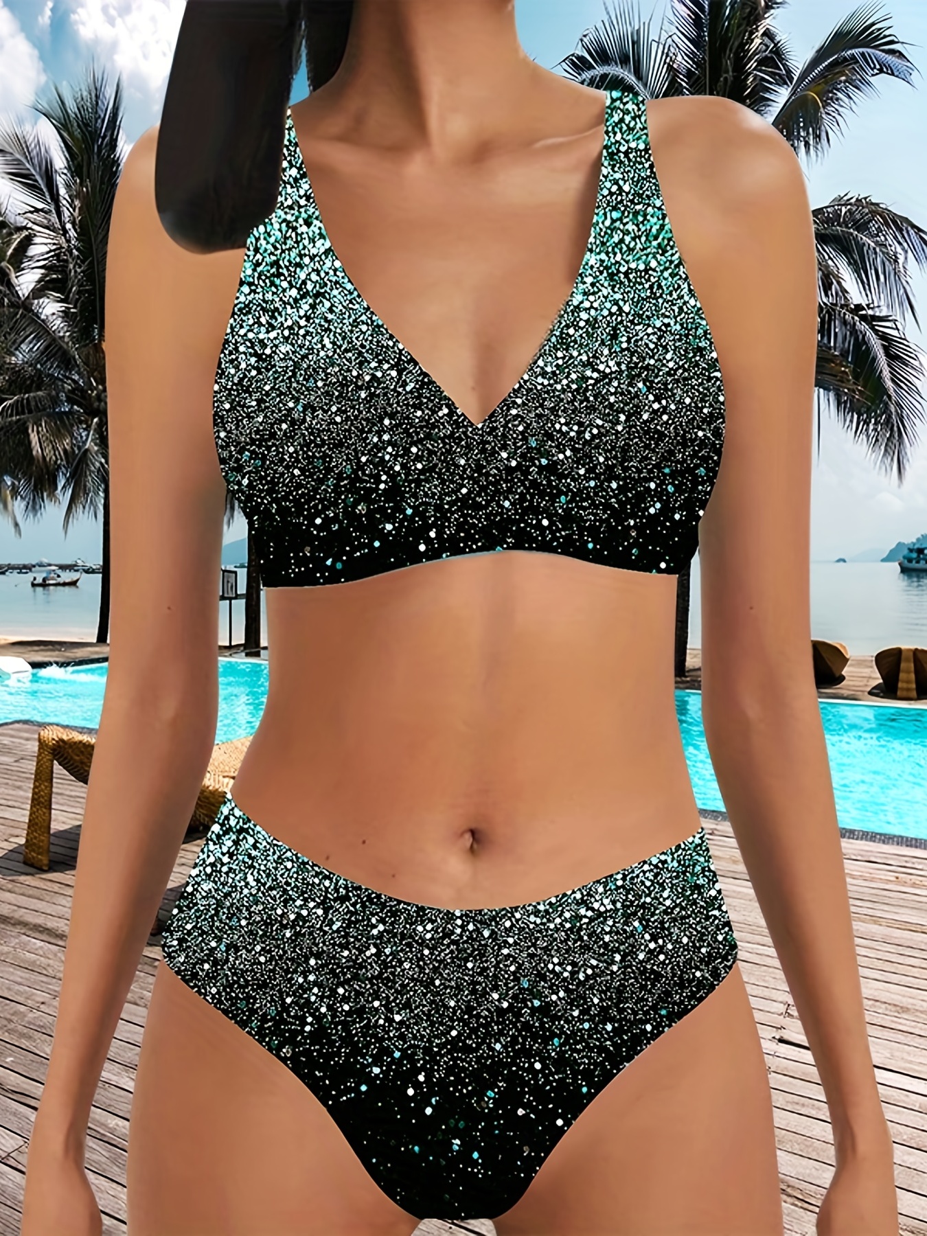 TQWQT Women's 2 Piece Sexy Halter Glitter Metallic Bikini Swimsuits Solid  Color Swimwear String Tie Thong Bathing Suits