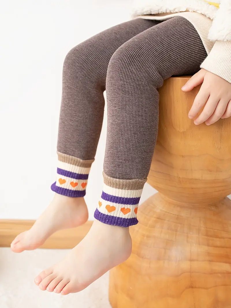 Girls Fleece Warm Stretch Soft Leggings Stripes Heart Print - Temu Canada