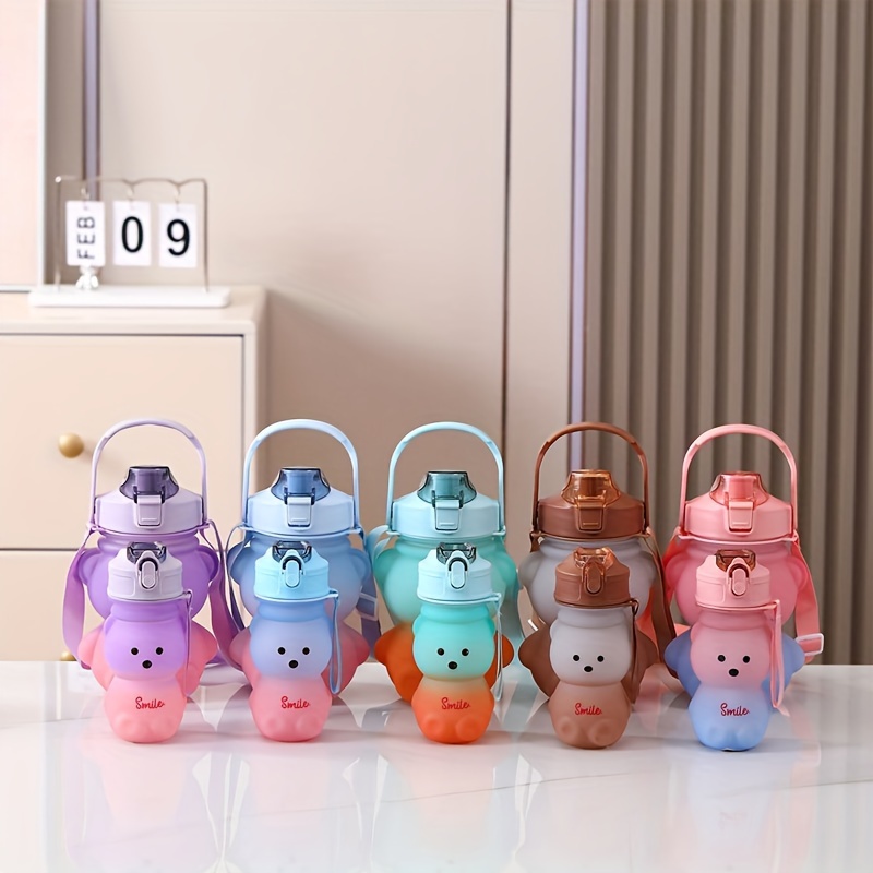 Bear Water Bottle With Lid Straw And Lanyard Gradient Color - Temu