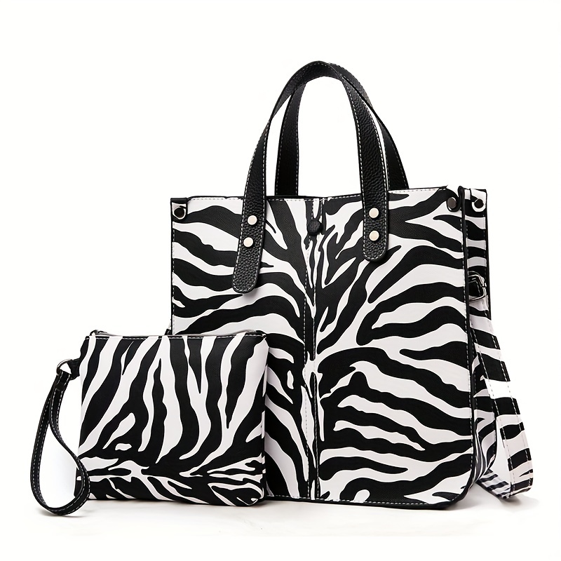 2pcs Bag Set Geometric Pattern Tote Bag Black Purse, Best Work Bag For Women