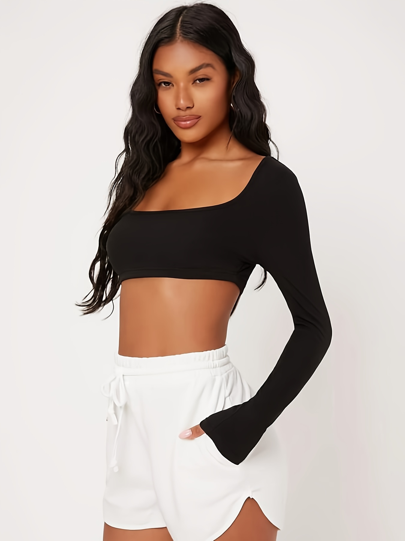 Scoop Neck Sexy Crop Top Long Sleeve Solid Casual Every Day - Temu