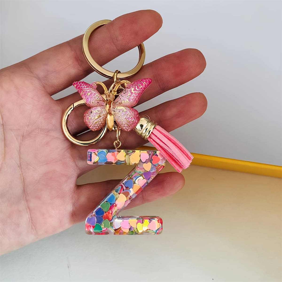 Tassel Letter Keychain Resin Key Holder Women Butterfly Key Chain for Car  Keys (C Letter) 