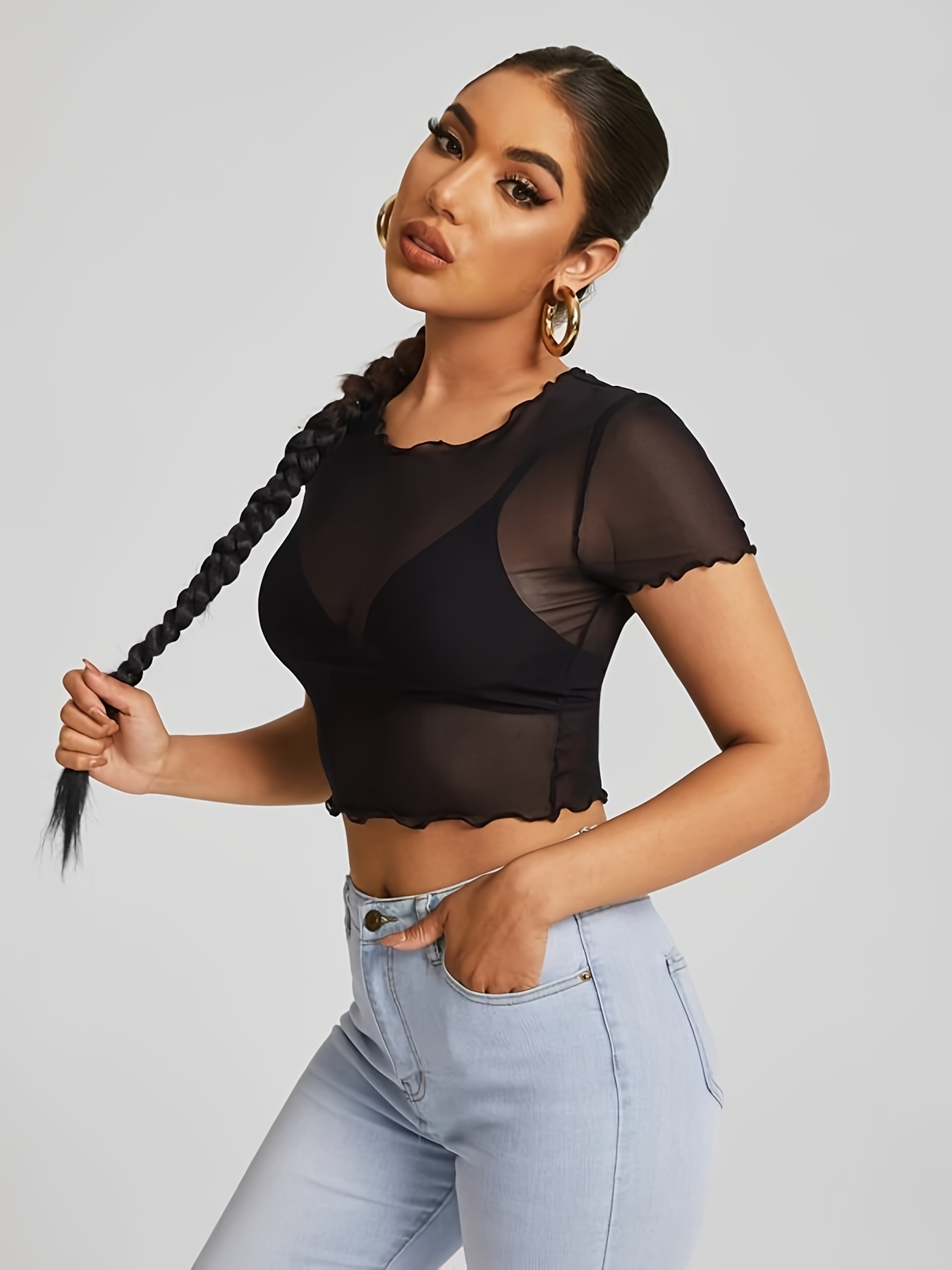 Sheer Mesh Sexy Crop Top Without Bra, Short Sleeve Casual Every Day Top For  Summer, Women's Clothing