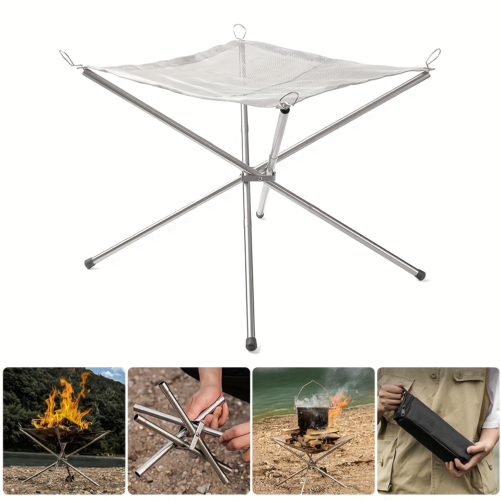 1pc Outdoor Portable Fire Pit, Camping Fire Rack Grill L Stainless Steel  Mesh Fire Stand Foldable Outdoor Fire Pit Grill Collapsing Bracket Bonfire
