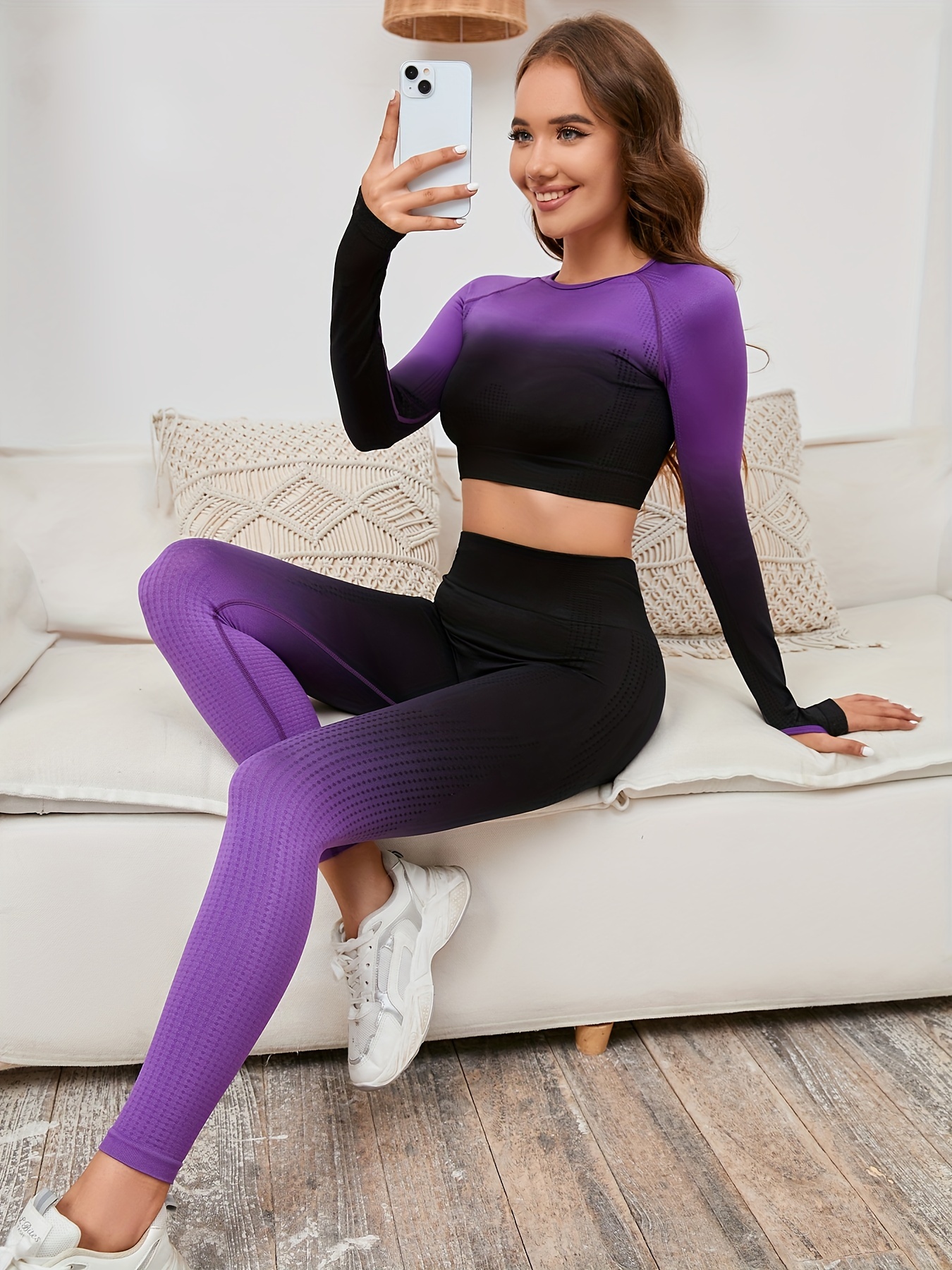 Solid Color Yoga Sets Long Sleeve Sports Top High Waisted - Temu