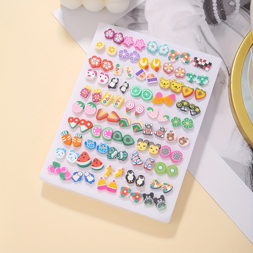 Boho Cartoon Stud Earrings Set Animal & Fruit Designs Colorful Resin