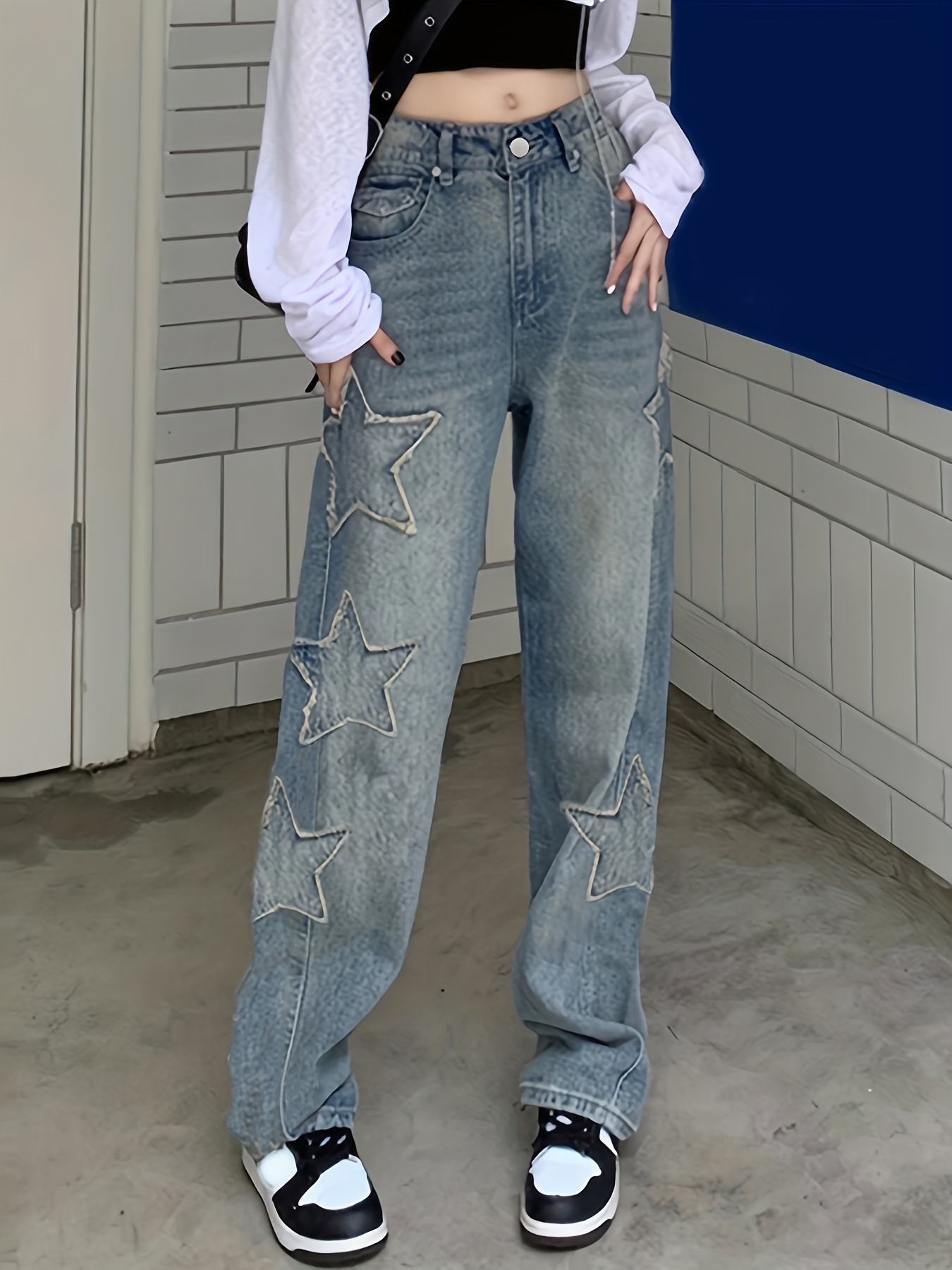 Pantaloni In Denim Casual Con Toppe A Stella Blu, Jeans Dritti A Vita Alta  Con Vestibilità Ampia, Jeans E Abbigliamento In Denim Da Donna