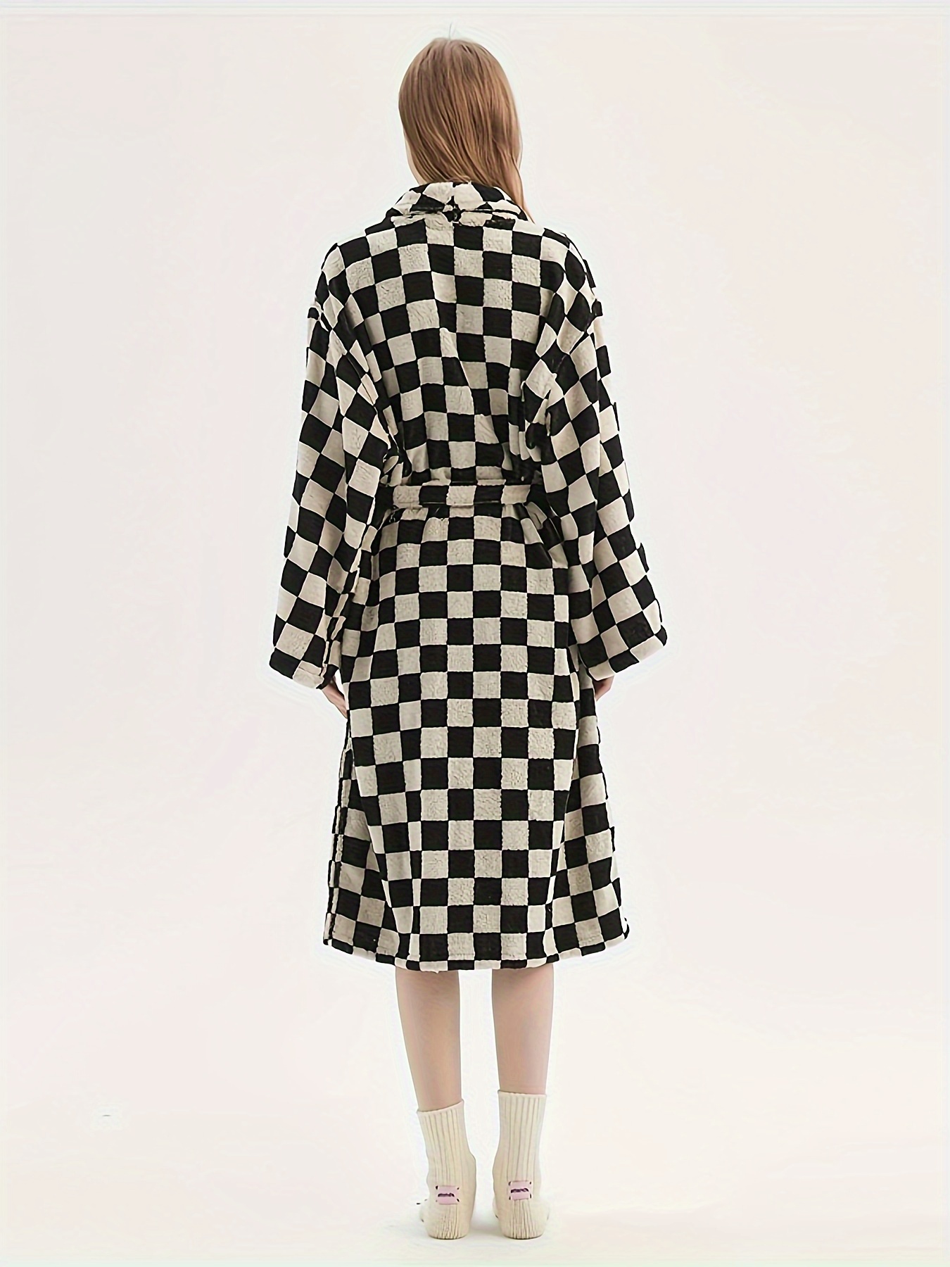 Men's Comfy Checkerboard Pattern Fleece Robe Home Pajamas - Temu