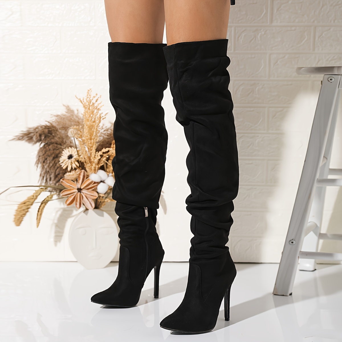 Women's Solid Color Long Boots, Suede Pattern Side Zipper Point Toe Stiletto Heel Over Knee Shoes, Versatile Comfy Shoes