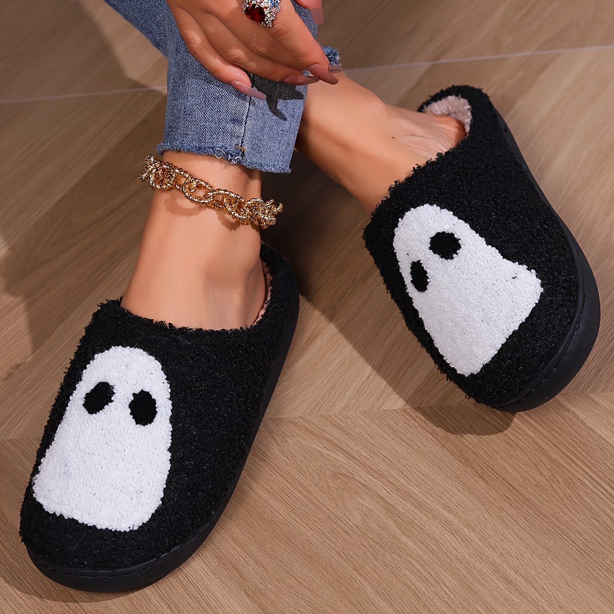 halloween skull ghost pattern plush slippers closed toe soft details 10