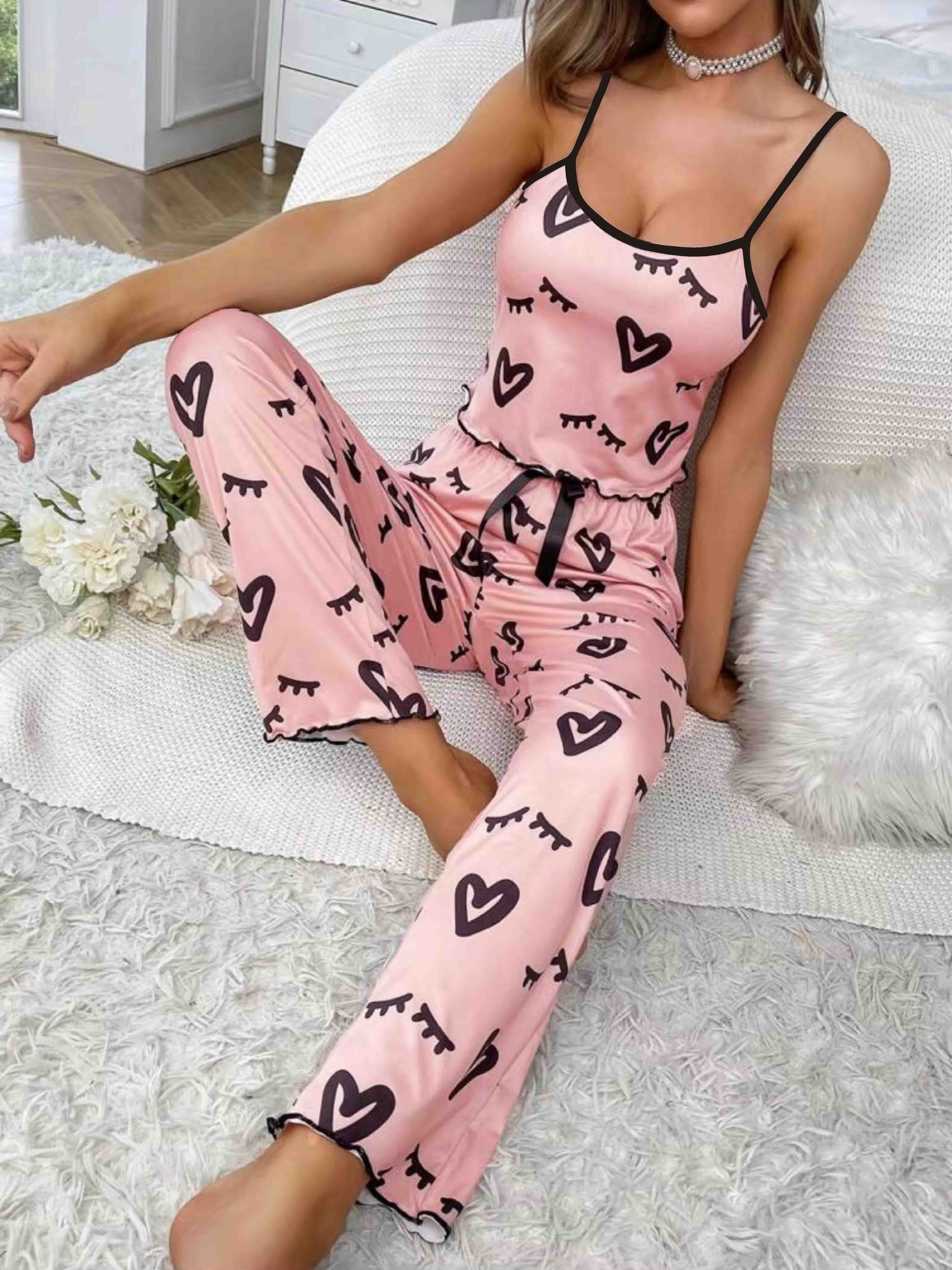 Heart Eyelash Print Pajama Set Scoop Neck Cami Top Lettuce - Temu Canada