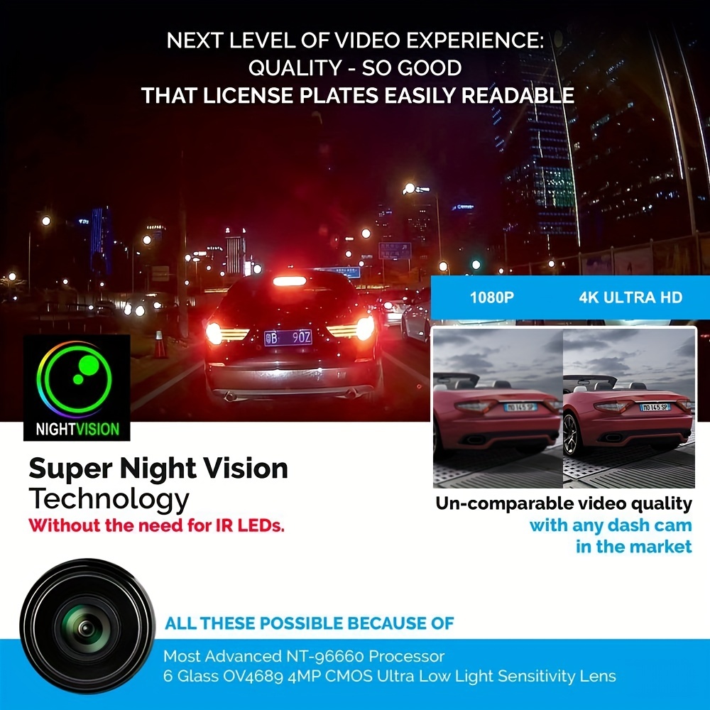 TechU ™ 4K Dashcam set MO2 Pro - Wifi - GPS - Avant et arrière - Super  Night Vision 