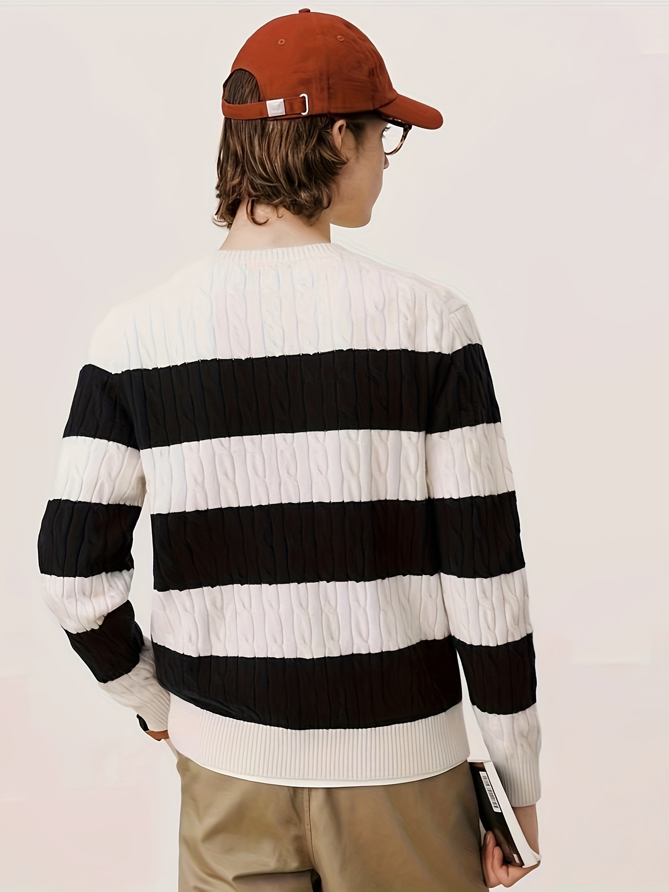 Plus Size Men's Contrast Color Sweater Cable Knit Pullover - Temu