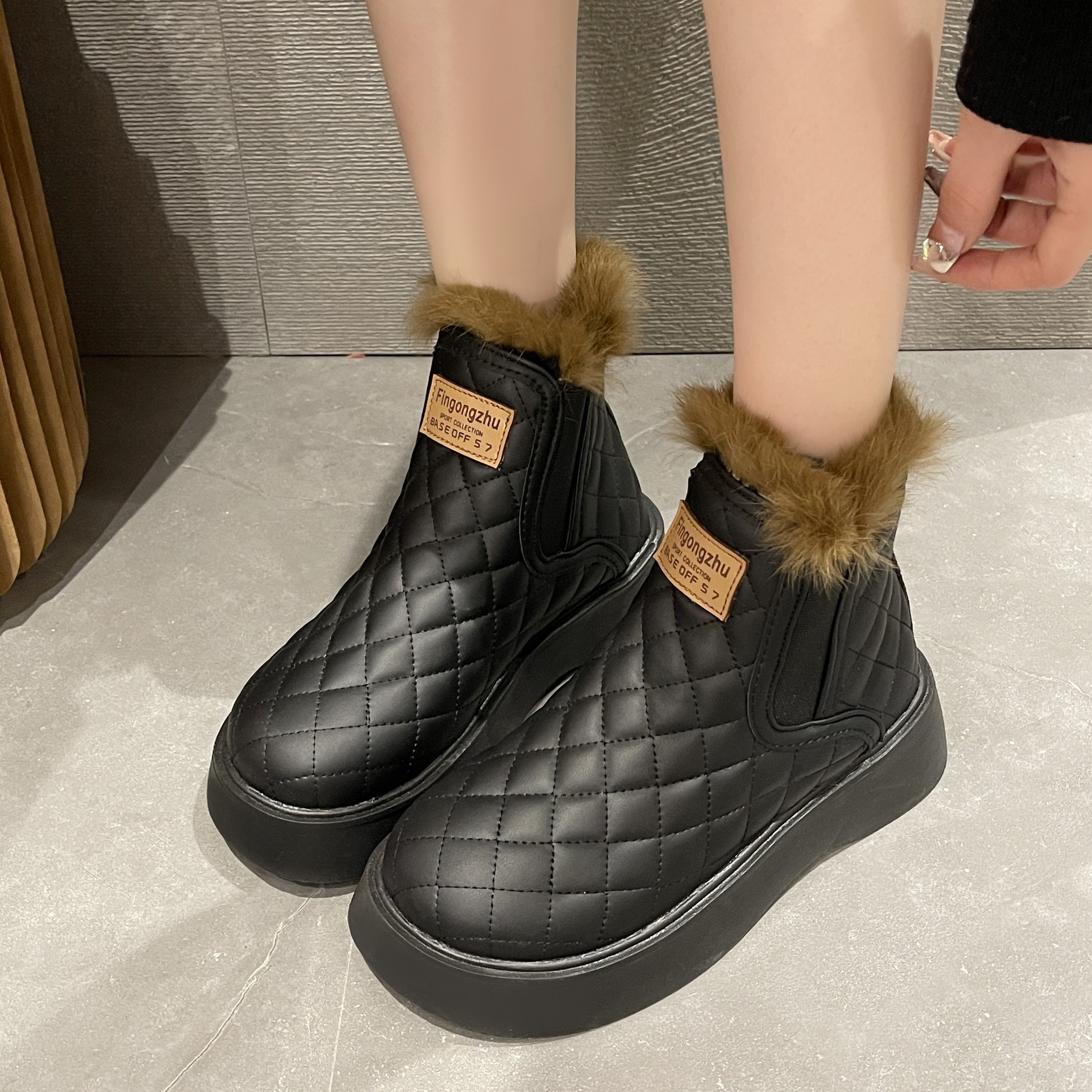 Womens Solid Color Platform Boots Quilted Pattern Slip On Thermal Lined  Casual Plush Boots Winter Fuzzy Warm Snow Boots - Women's Shoes - Temu