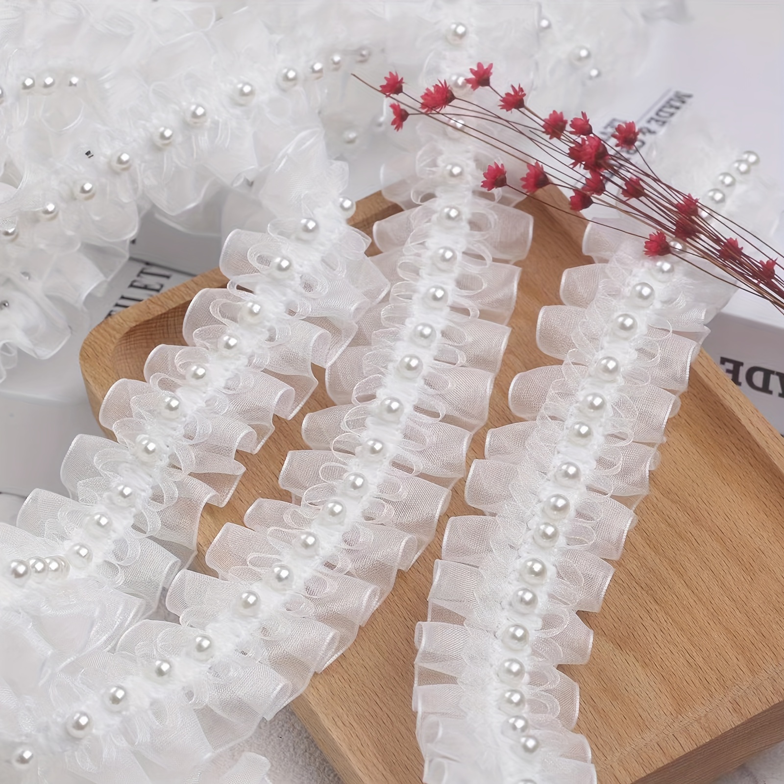 Artificial Bead Pearl Ribbon Chiffon Ribbon And Organza Lace - Temu