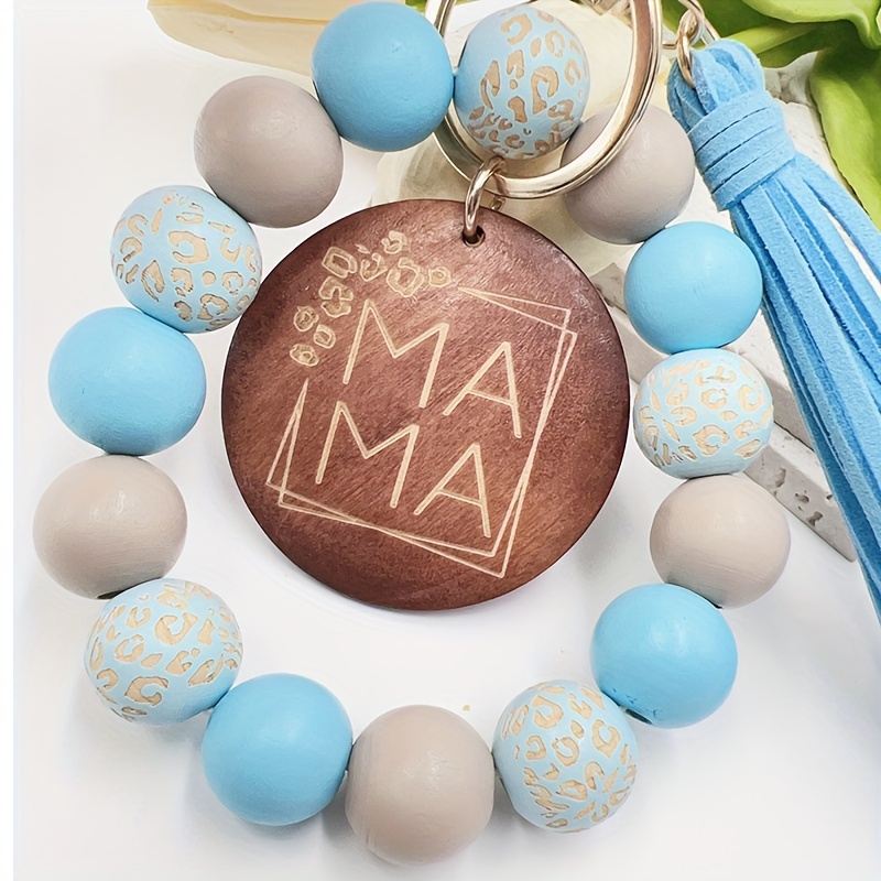 one leopard wooden beads hand beaded speckled wooden beads bracelet handmade tassel bangle mama wood chip keychain blue 17