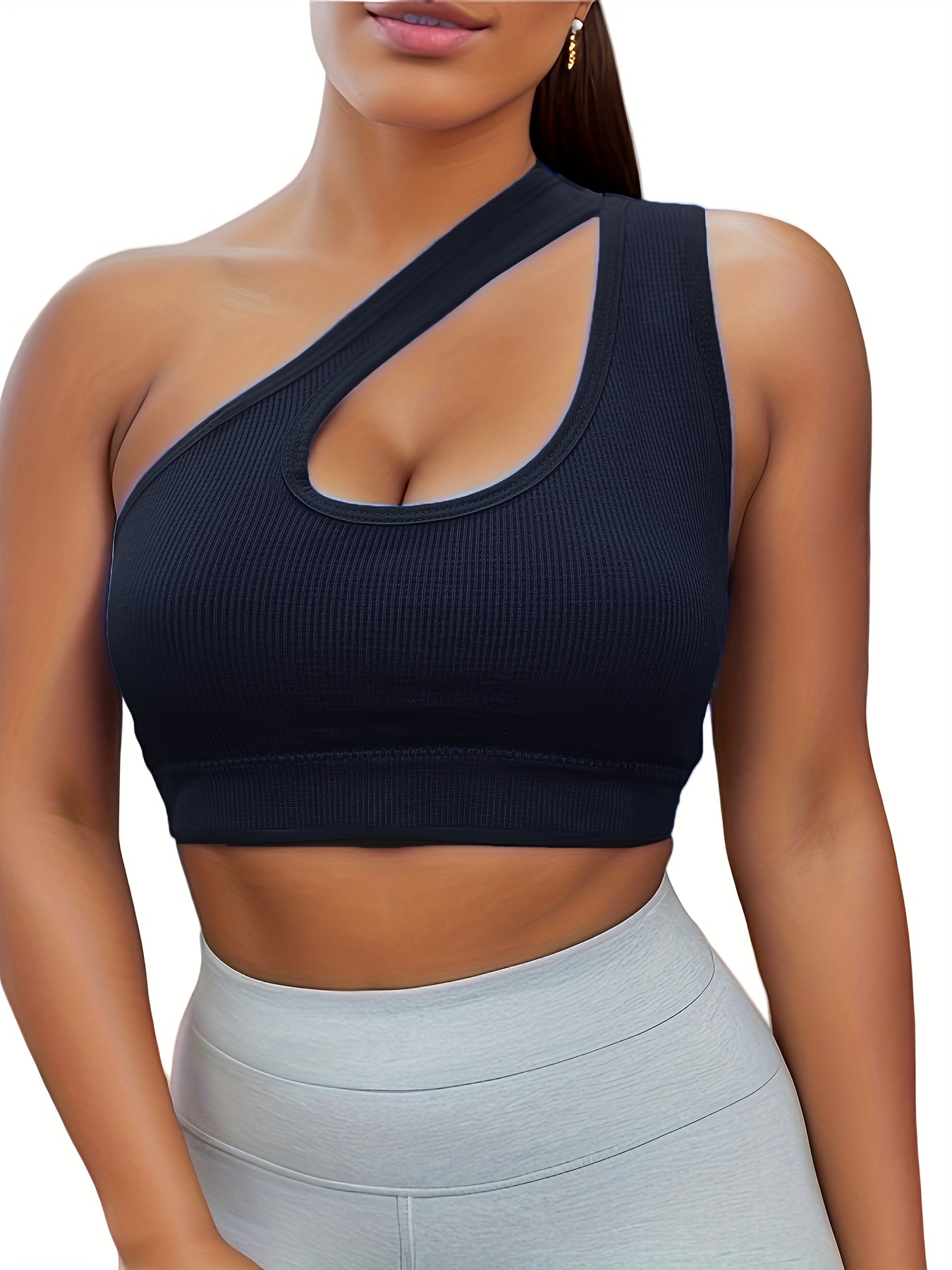 Solid Color One Shoulder Asymmetrical Sports Bra, High Stretch Yoga Fitness  Bra, Women's Activewear