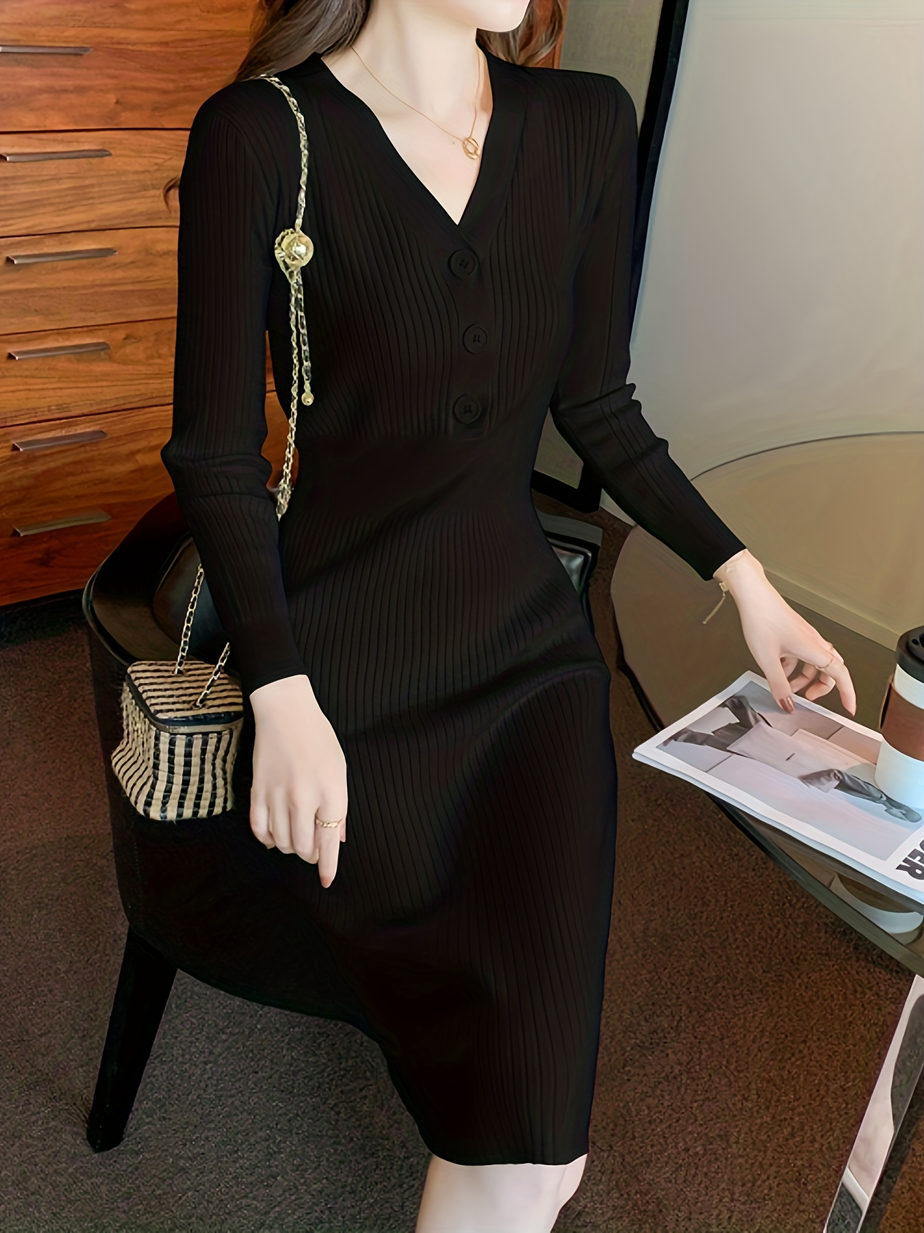 Long Sleeve Button Front Ribbed Dress Button Front Ribbed Dress