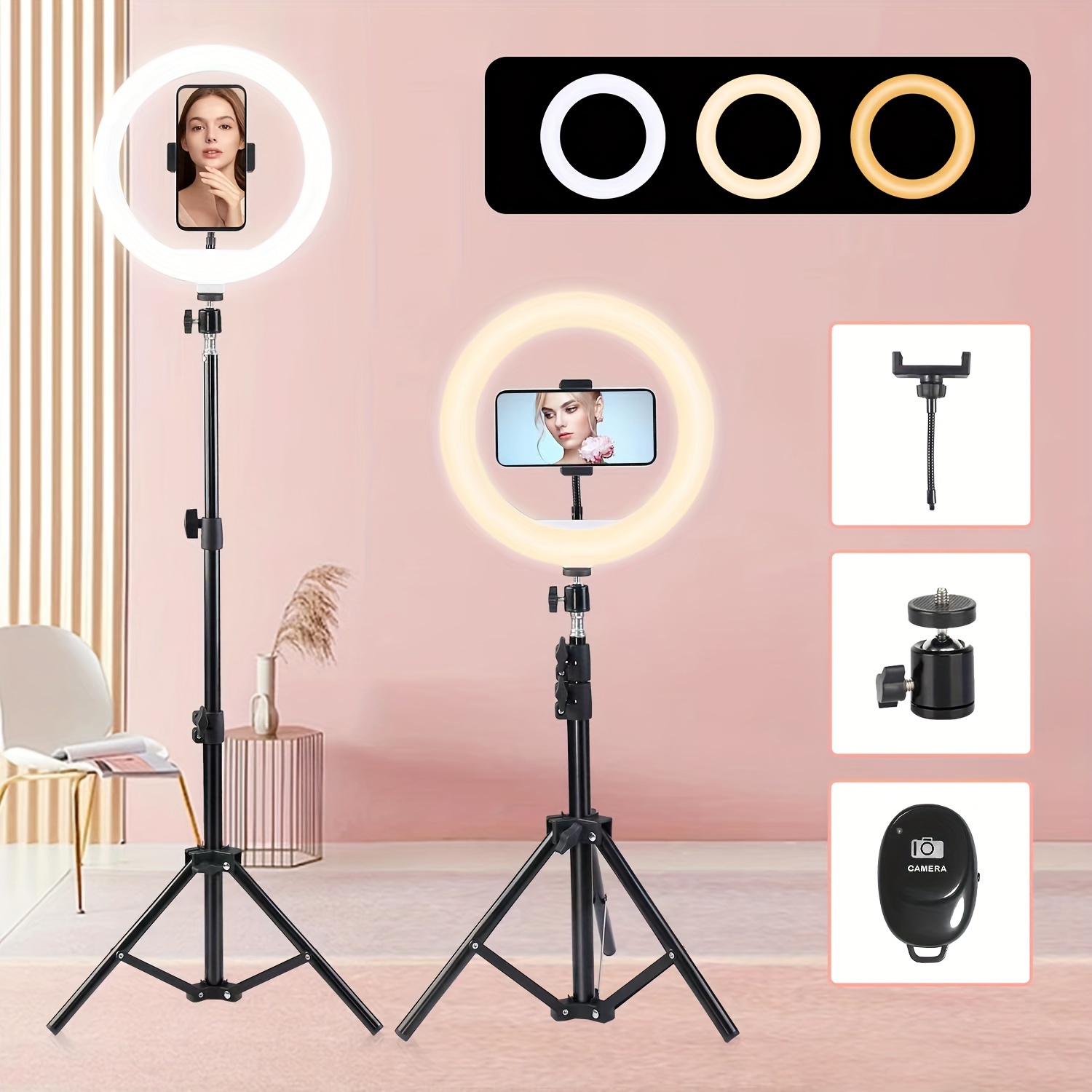 Anillo de luz para selfie de 12 pulgadas con trípode ajustable  de 63 pulgadas y soporte para teléfono, luz LED regulable con control  remoto, para transmisión en vivo/fotografía/maquillaje/video de ,  compatible