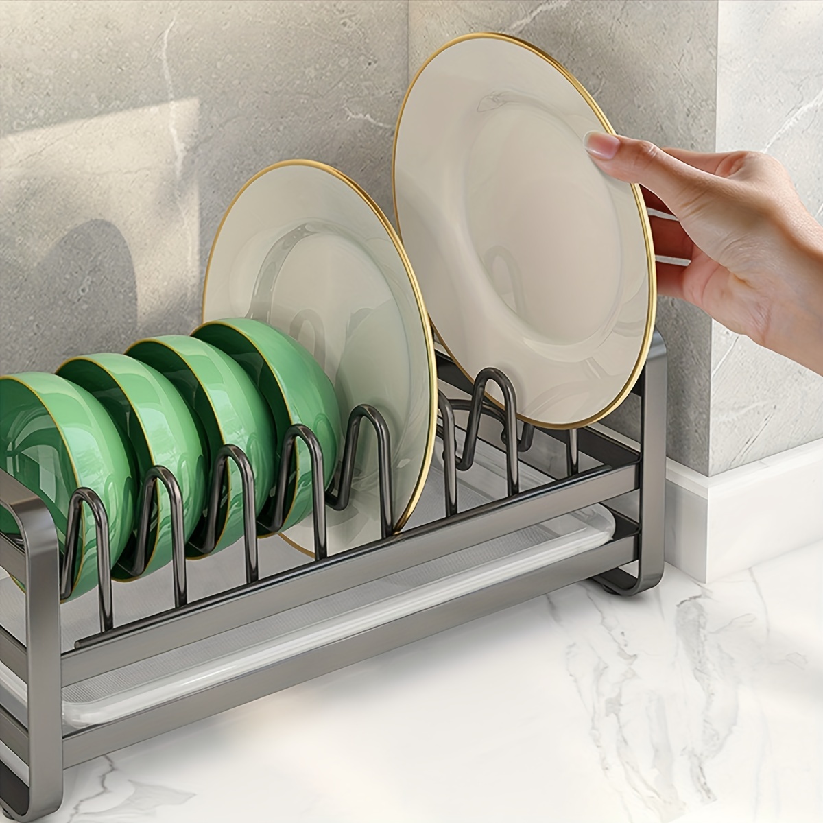 Dish Drainer With Removable Utensil Holder, Dish Rack, Plates