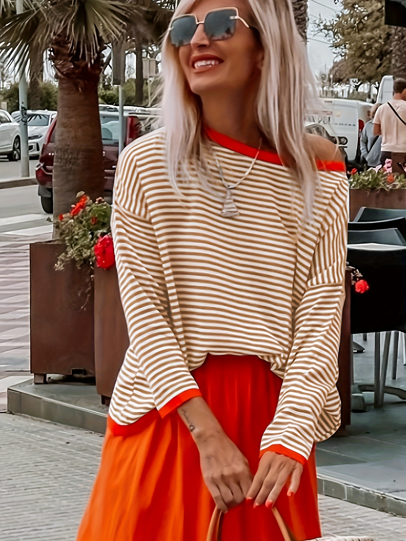 Women's Sweater Contrast Striped Crew Neck Side Stripe Pullovers