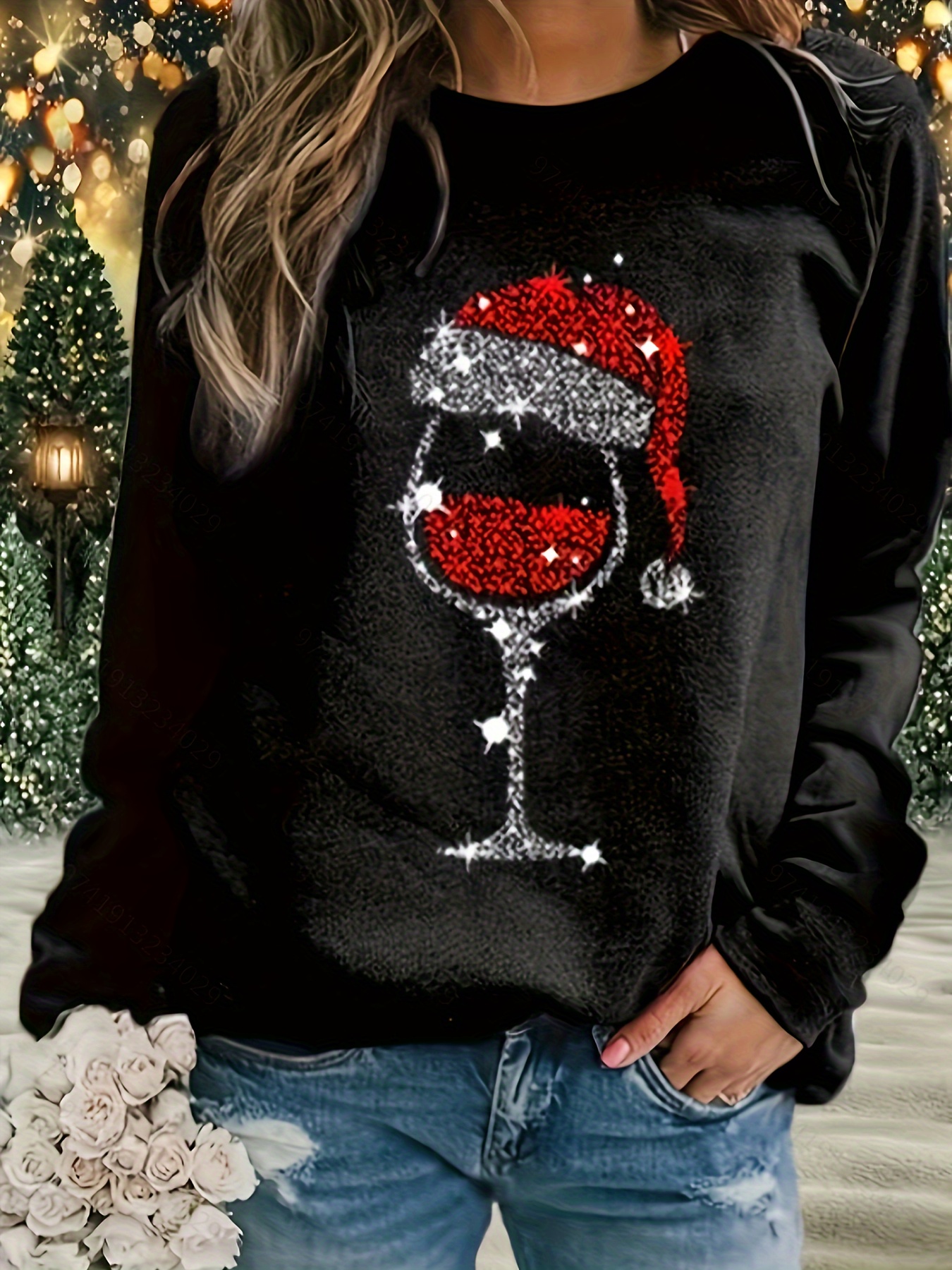 Christmas wine glass print sweatshirt new arrivals