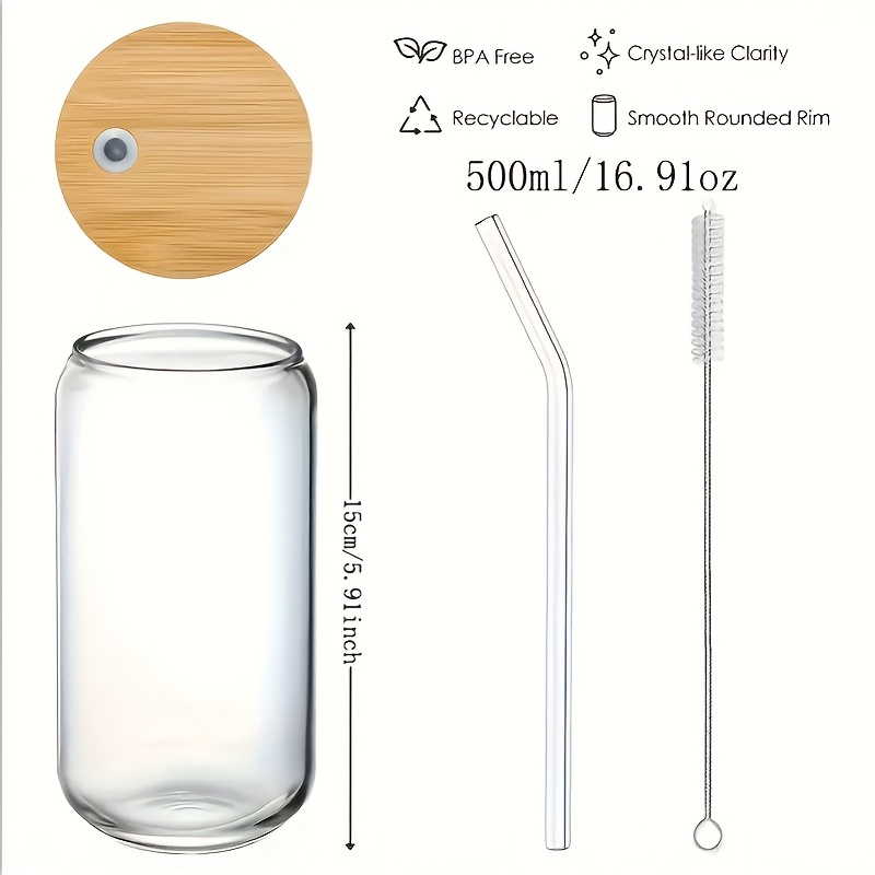 500ML Glass Cup with Bamboo Lid and Glass Straws Beer Mugs Ice