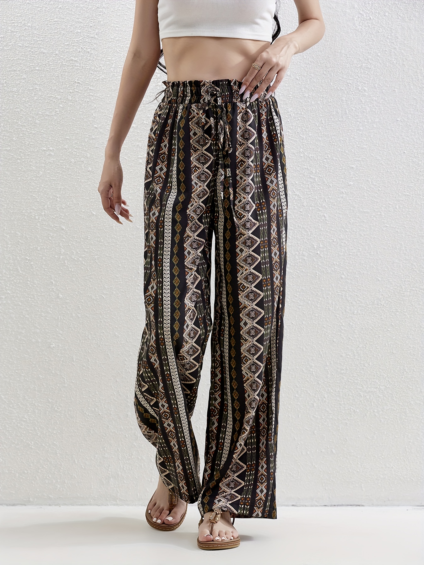 Tribal Print Stirred Waist Pants, Casual Elastic Bottom Pants For Spring &  Summer, Women's Clothing