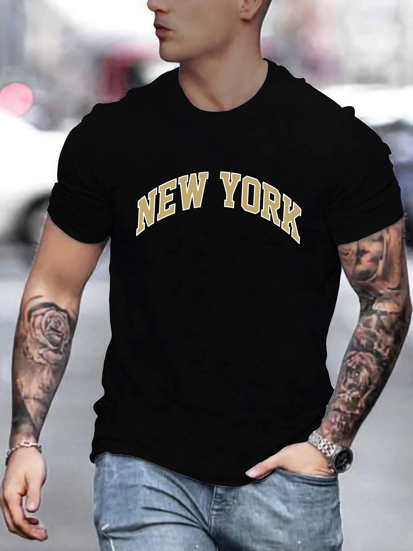 Letter Graphic Crew Neck Short Sleeve T-Shirt, Blouses, Men's Slight Stretch Casual New York Pattern Spring and Summer Tee T-shirt,Casual,Temu