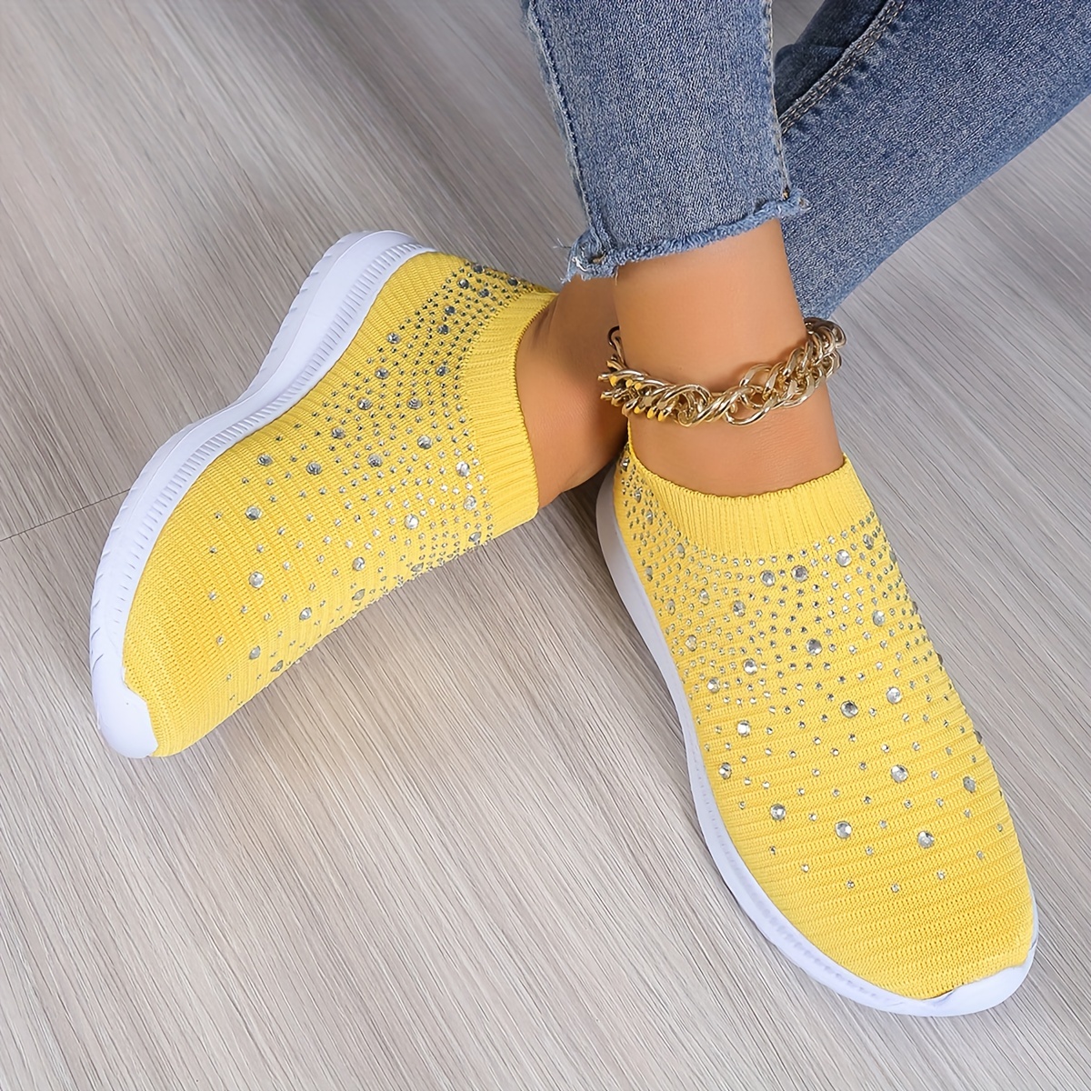 Solid Color Synthetic Shoes, Women's Rhinestone Decor Lightweight Low Top Slip on Women's Fashion Sneakers,Temu