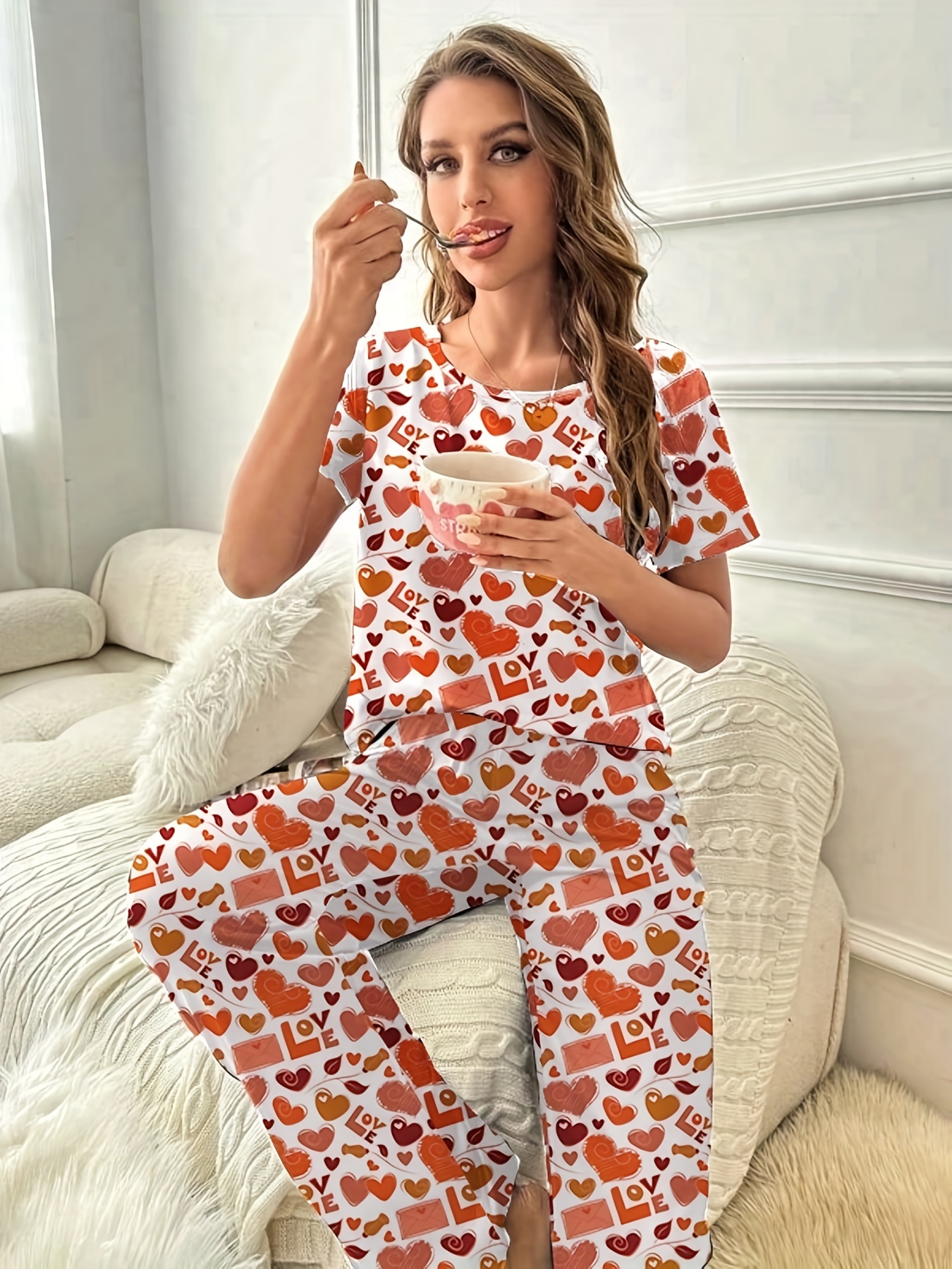 Heart Print Pajama Set Short Sleeve Round Neck Top Lounge - Temu