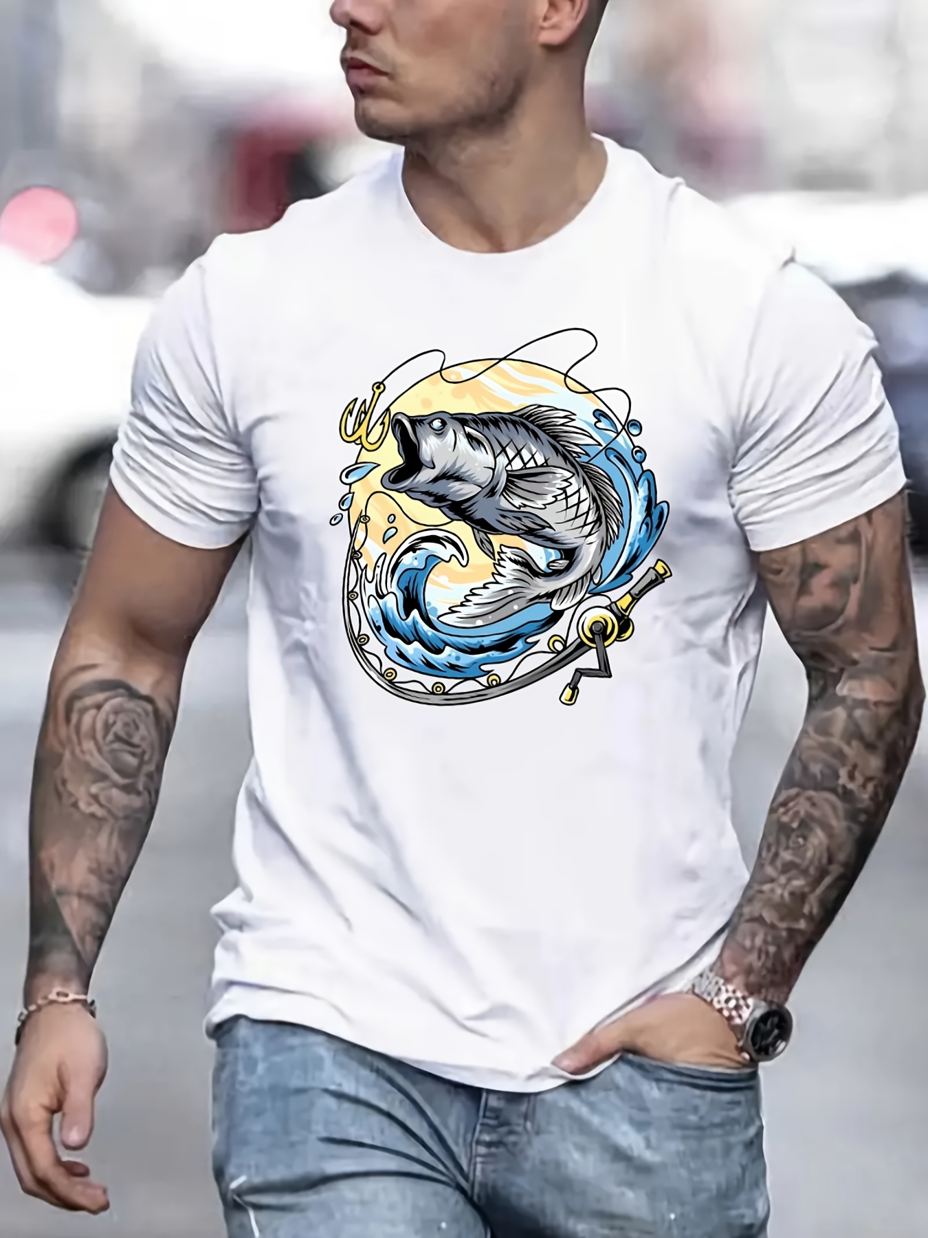 Fishing Graphic Print T shirt Men's Casual Street Style - Temu