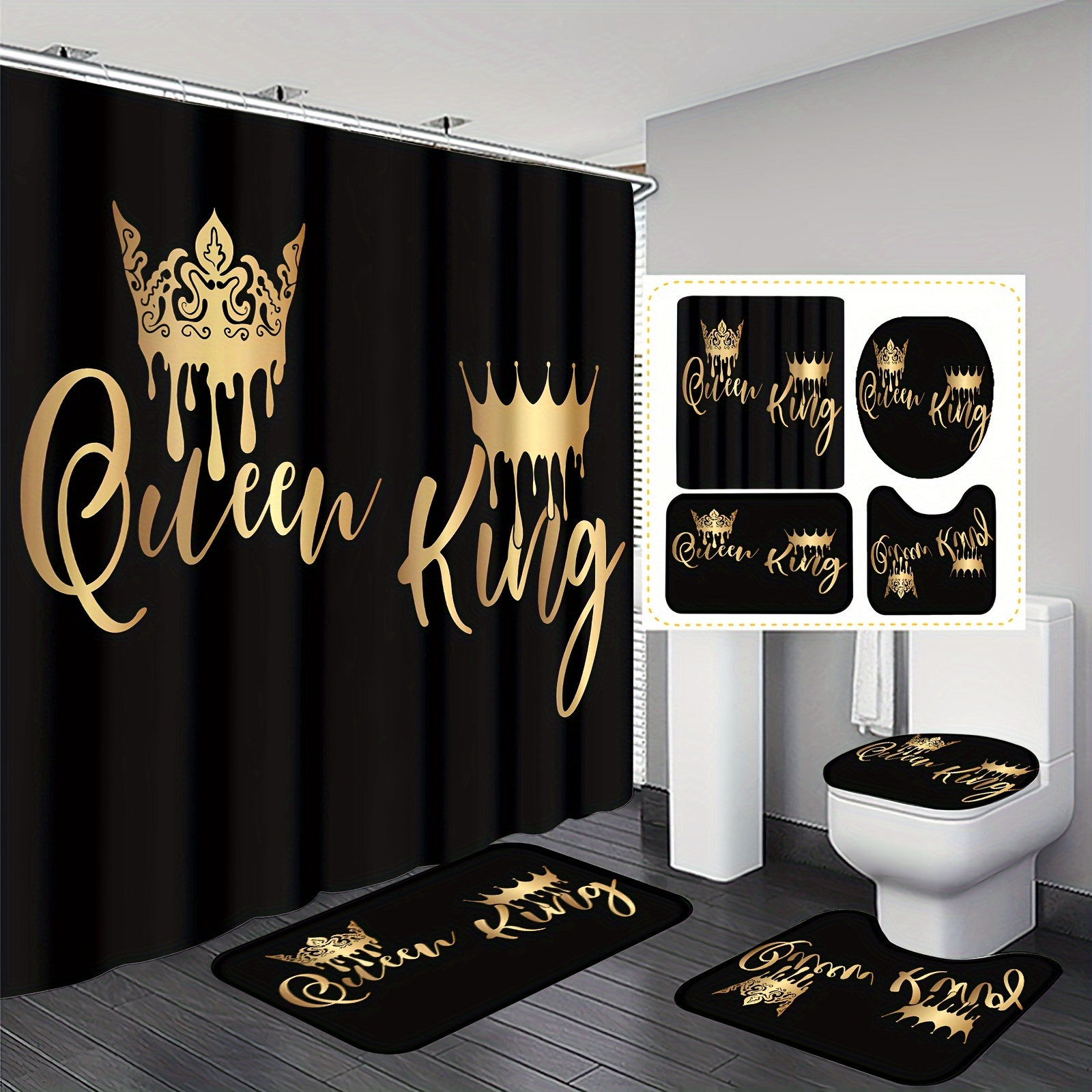 

1pc/4pcs King And Queen Polyester Waterproof Insulation Home Decoration Bathroom Shower Curtain With 12 Hooks Bathroom Non-slip Mat U-shaped Floor Mat And Round Toilet Seat Mat Bathroom Set For All