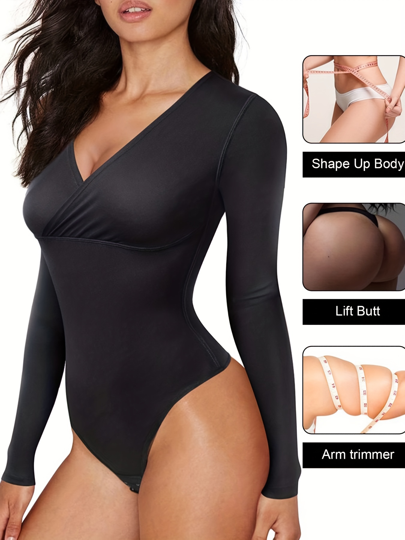 Seamless Solid Shaping Bodysuit, Long Sleeve V Neck Slimming Thong Body  Shaper, Women's Underwear & Shapewear