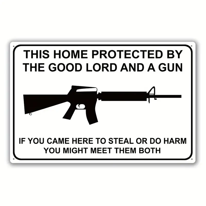 1pc Warning Metal Tin Sign Home Protected By The Good Lord And A Gun Funny Home Outdoor Indoor Protect Family Wall Art Decor Gift For Neighbors Relatives Friends 8 12inch