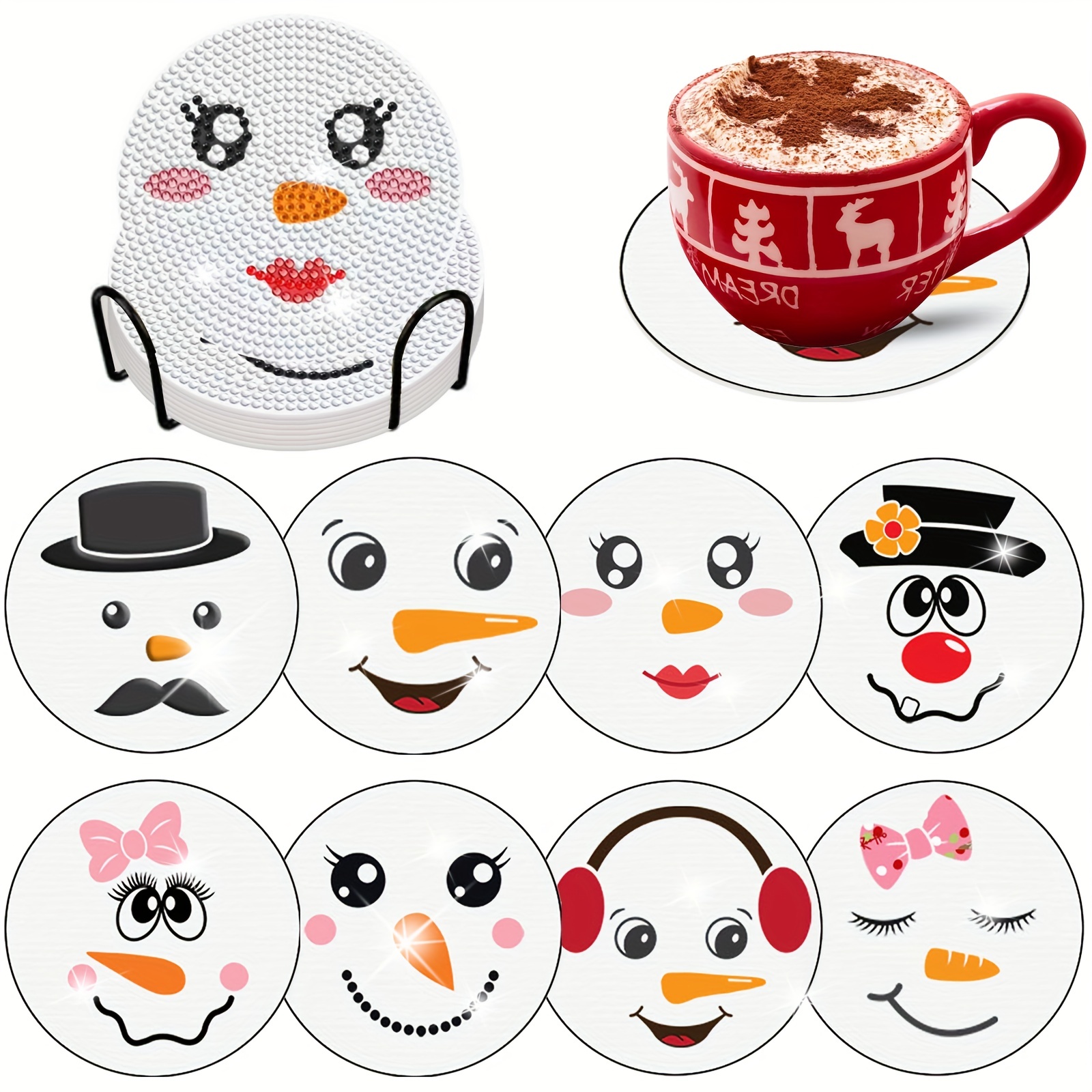 Snowman Face Diamond Painting Coasters Kits With Holder Diy - Temu