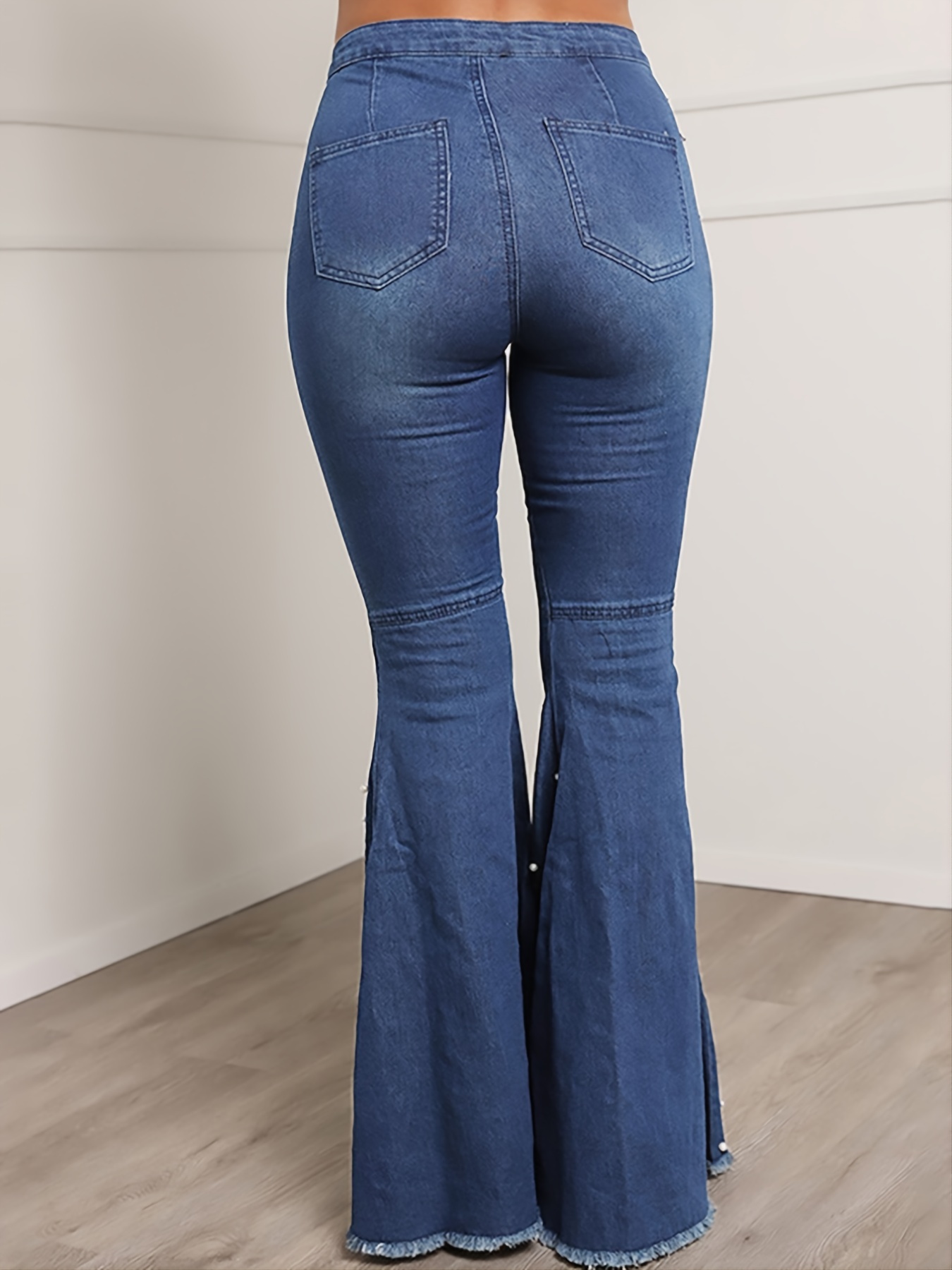 Jeans Acampanados Con Dobladillo Sin Rematar Azul, Pantalones De Mezclilla  De Pierna Ancha Con Cintura Alta Rasgada En La Parte Inferior De Campana, P