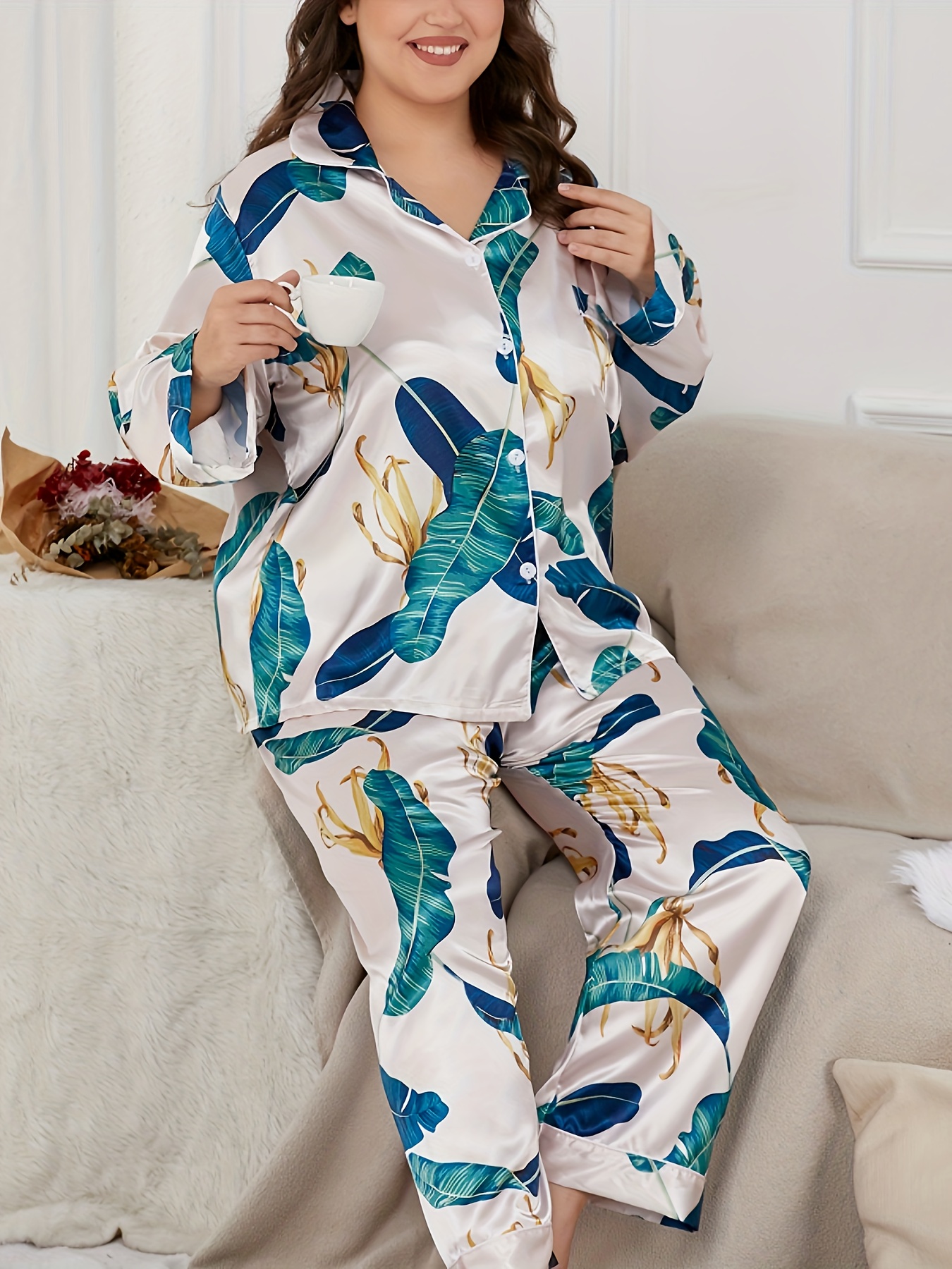 Floral Print Satin Pajama Set Casual Long Sleeve Button Top - Temu
