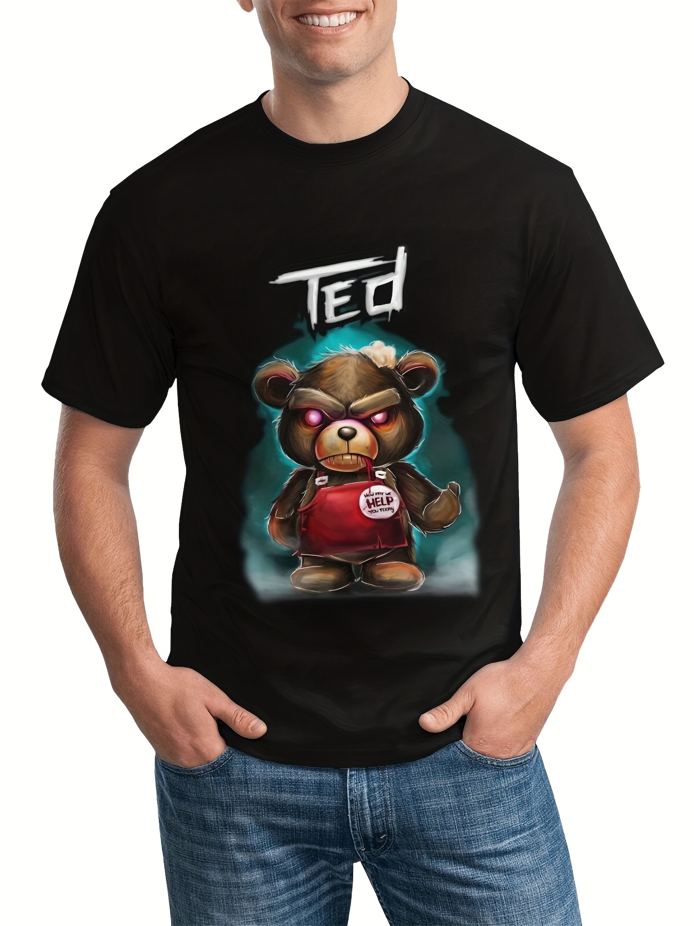 Futuristic Bear Pattern Print Men's Medium Stretch T shirt - Temu
