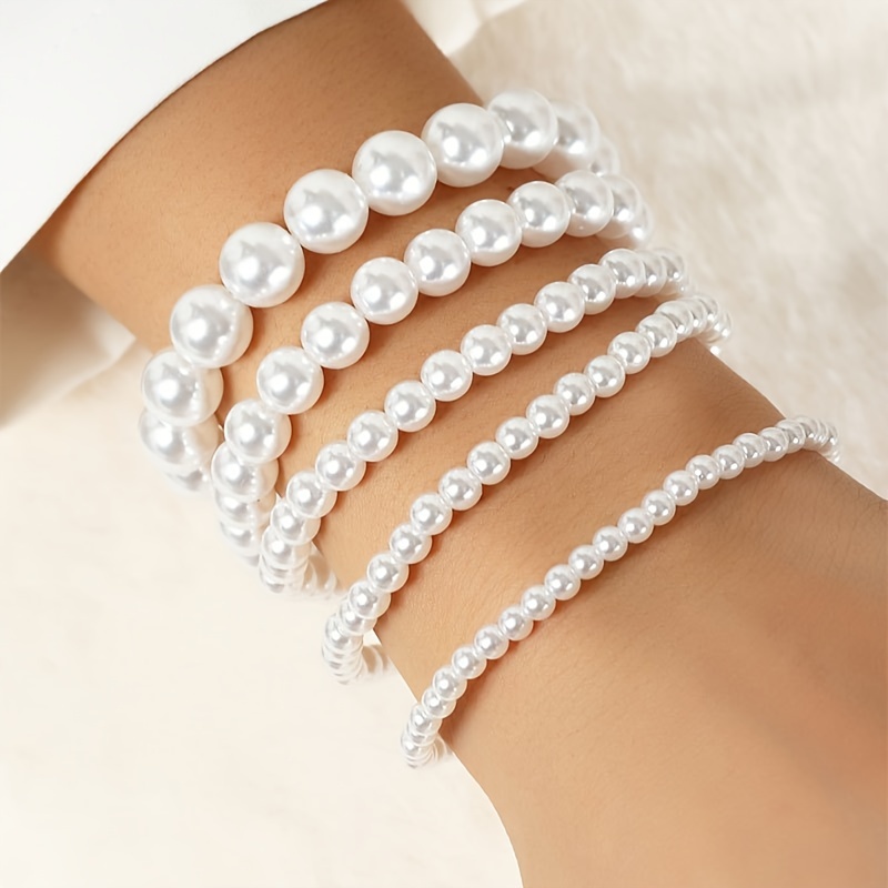 

5pcs White Faux Pearls Beads Beaded Bracelet Set Stretch Handmade Hand String Jewelry Set