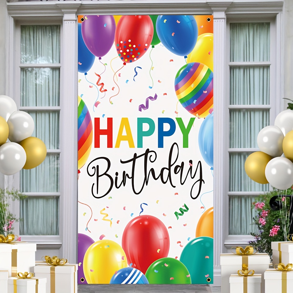 

1pc, Happy Birthday Door Cover Mural Decor, Polyester Colorful Balloon Background Porch Sign Birthday Party Party Front Door Hanging Indoor Outdoor Banner Home Decor 70x35 Inch