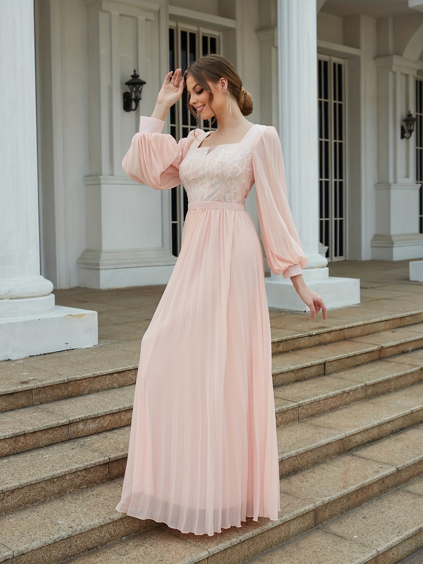 Vestidos de dama de honor rosa para mujer, vestidos largos elegantes de  línea A con cuello